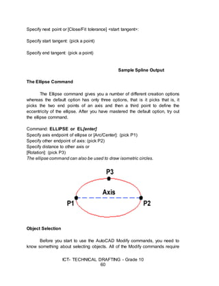 ICT- TECHNICAL DRAFTING - Grade 10
60
Specify next point or [Close/Fit tolerance] <start tangent>:
Specify start tangent: (pick a point)
Specify end tangent: (pick a point)
Sample Spline Output
The Ellipse Command
The Ellipse command gives you a number of different creation options
whereas the default option has only three options, that is it picks that is, it
picks the two end points of an axis and then a third point to define the
eccentricity of the ellipse. After you have mastered the default option, try out
the ellipse command.
Command: ELLIPSE or EL[enter]
Specify axis endpoint of ellipse or [Arc/Center]: (pick P1)
Specify other endpoint of axis: (pick P2)
Specify distance to other axis or
[Rotation]: (pick P3)
The ellipse command can also be used to draw isometric circles.
Object Selection
Before you start to use the AutoCAD Modify commands, you need to
know something about selecting objects. All of the Modify commands require
 