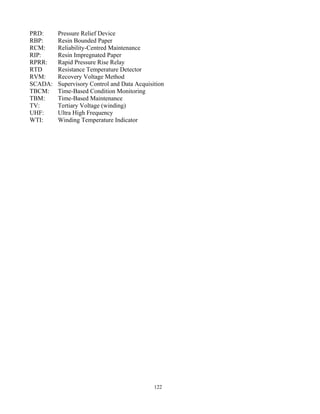 122
PRD: Pressure Relief Device
RBP: Resin Bounded Paper
RCM: Reliability-Centred Maintenance
RIP: Resin Impregnated Paper
RPRR: Rapid Pressure Rise Relay
RTD Resistance Temperature Detector
RVM: Recovery Voltage Method
SCADA: Supervisory Control and Data Acquisition
TBCM: Time-Based Condition Monitoring
TBM: Time-Based Maintenance
TV: Tertiary Voltage (winding)
UHF: Ultra High Frequency
WTI: Winding Temperature Indicator
 