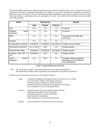 12
The following table summarizes the typical maintenance practices that were reported in the survey. It remains for each user
to determine which level is appropriate depending on the situation. It can also be noted that the maintenance level may be
different for each action made on the same transformer population depending on each particular situation. As there are many
factors that influence a maintenance policy, the maintenance "intensity" was divided into three different levels as described
in the following table:
Task Interval RemarkAction
Light Regular Intensive
Visit 6 m 1 m 1 d In service
Detailed visual
inspection
1 y 3 m 2 w In service
DGA 2 y 1 y 3 m Task interval may differ with
monitoring
Oil tests 6 y 2 y 1 y
Cooling system cleaning Conditional Conditional Any Interval Outage may be required
Accessories verification 12 y or Cond. 6-8 y 1-2 y Outage required
Electrical basic tests Conditional Conditional Any Interval Outage required
Insulation tests (DF or
PF)
Conditional 6-8 y 2-4 y Outage required
OLTC internal
inspection
12 y 6-8 y 4 y Consider number of operation,
technology and manufacturer
recommendations
Table 3: Typical Maintenance Intervals
Note: - The survey does not apply to the maintenance practices for industrial transformers;
- SF6 transformers and their unique requirements for maintenance are described in Appendix 2.
The three levels of maintenance task intervals are described as follow:
Light: - Transformer equipped with components that are known to be very reliable
- Low load and low number of tap changer operations
- Transformer does not operate in a harsh environment
- Advanced transformer technologies that require less maintenance
- Low consequences in case of unexpected failure
Intensive: - Components that are known to require frequent attention
- High load, high number of OLTC operations
- Transformer operates in a harsh environment
- Older transformer technologies
- High consequences in case of unexpected failure
Regular: - Any situation that is in between the two previous ones.
 