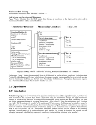 19
Maintenance Task Tracking
This element is discussed in detail in Chapter 3, Section 3.4.
Link between Asset Inventory and Maintenance
Figure 7 below illustrates how the MMS creates links between a transformer in the Equipment Inventory and its
Maintenance Guidelines and the detailed Task Lists.
Figure 7: Linking between Transformer Inventory, Maintenance Guidelines and Task Lists
Furthermore, Figure 7 shows diagrammatically how the MMS could be used to select a transformer via its Functional
Position ID and its Equipment ID at any point in time to formulate a complete Maintenance Plan by retrieving relevant data
from the Maintenance Guidelines and the Task Lists. Accordingly, the Maintenance Plan captures the resources required
and a Maintenance Schedule can then be created from the Task Lists.
3.2 Organization
3.2.1 Introduction
At the Planning stage, a list of transformers, their respective maintenance tasks and the required resources, is produced and
made available for the Execution stage. At the Organization stage, the maintenance manager will apply maintenance
planning in the day-to-day operations including resource management, outage planning and work contracting. The basic
task for the maintenance manager is to respond the questions – Who will do it? When does maintenance start? How long
can it take? Will the equipment be switched off for maintenance? What resources (both human and technical) are needed to
fulfil all maintenance tasks? In reality, during the operation of an electrical grid, changes in load, switching and unplanned
events are continual. Maintenance managers have to react rapidly to new situations in order to optimize the maintenance
work as much as possible. For GSU transformers, transformer outages coincide with the outages of the generating
machines. Common practice is to group maintenance work together (for example an overhead line together with the
substation bays at each end of the line, or a network transformer together with the switchgear in the same bay).
Work A
Task #1
Task #2
….
Task #N
Functional Position ID
Position in the substation
Voltage
Power
Service characteristics
Equipment ID
Type
Class
Serial number
Windings (HV, LV, Tertiary)
Manufacturer name
Year of manufacturing
Year of installation
Cooling mode
Presence of OLTC
OLTC manufacturer and type
Specific attributes
Type
Class
Work A (inspection)
Task Interval
Resources &equipment
Required Competencies
Acceptance criteria
Man-hours
On-line or outage
Work B (routine maintenance)
Task Interval
Resources & equipment
Required Competencies
Acceptance criteria
Man-hours
On-line or outage
Work B
Task #1
Task #2
….
Task #N
Task ListsMaintenance GuidelinesTransformer Inventory
 