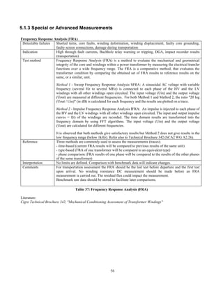 56
5.1.3 Special or Advanced Measurements
Frequency Response Analysis (FRA)
Detectable failures Shorted turns, core faults, winding deformation, winding displacement, faulty core grounding,
faulty screen connections, damage during transportation
Indication High through fault currents, Buchholz relay warning or tripping, DGA, impact recorder results
(transportation)
Test method Frequency Response Analysis (FRA) is a method to evaluate the mechanical and geometrical
integrity of the core and windings within a power transformer by measuring the electrical transfer
functions over a wide frequency range. The FRA is a comparative method, that evaluates the
transformer condition by comparing the obtained set of FRA results to reference results on the
same, or a similar, unit.
Method 1 - Sweep Frequency Response Analysis SFRA: A sinusoidal AC voltage with variable
frequency (several Hz to several MHz) is connected to each phase of the HV and the LV
windings with all other windings open circuited. The input voltage (Uin) and the output voltage
(Uout) are measured at different frequencies. For both Method 1 and Method 2, the ratio "20 log
(Uout / Uin)" (in dB) is calculated for each frequency and the results are plotted on a trace.
Method 2 - Impulse Frequency Response Analysis IFRA: An impulse is injected to each phase of
the HV and the LV windings with all other windings open circuited. The input and output impulse
curves = f(t) of the windings are recorded. The time domain results are transformed into the
frequency domain by using FFT algorithms. The input voltage (Uin) and the output voltage
(Uout) are calculated for different frequencies.
It is observed that both methods give satisfactory results but Method 2 does not give results in the
low frequency range (below 1kHz). Refer also to Technical Brochure 342 (SCA2 WG A2.26).
Reference Three methods are commonly used to assess the measurements (traces):
- time-based (current FRA results will be compared to previous results of the same unit)
- type-based (FRA of one transformer will be compared to an equivalent type)
- phase comparison (FRA results of one phase will be compared to the results of the other phases
of the same transformer)
Interpretation No limits are defined. Comparison with benchmark data will indicate changes.
Comments For transportation assessment the FRA should be the last test before departure and the first test
upon arrival. No winding resistance DC measurement should be made before an FRA
measurement is carried out. The residual flux could impact the measurement.
Benchmark raw data should be stored to facilitate later comparisons.
Table 37: Frequency Response Analysis (FRA)
Literature:
Cigre Technical Brochure 342, "Mechanical Conditioning Assessment of Transformer Windings"
 