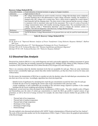 61
Recovery Voltage Method (RVM)
Detectable failures Trend indication of internal moisture or aging in oil-paper insulation
Indication High moisture in the oil
Test method DC voltage measurements are used to record a recovery voltage that develops across composite
oil-solid insulation due to the phenomenon of space charge relaxation. Initially, the insulation is
charged with a DC voltage over a certain time. Next, a short circuit is applied for a much shorter
time (typically half the charging time). The short circuit is then removed and the recovery voltage
is measured, with its maximum value used for the assessment. This is one of a series of recovery
voltage measurements taken with steadily increasing charging times. The accumulated series of
voltage maxima yields a “Polarization Spectrum” used to evaluate the moisture content in
cellulose. This derived diagnostic is the Recovery Voltage Method (RVM)
Reference Fingerprint measurements, trend analysis
Interpretation The RVM (Return Voltage Measurement) in its present form can only be used for trend indication
[1].
Table 45: Recovery Voltage Method (RVM)
Literature:
[1] M. Koch et al. "Improved Moisture Analysis of Power Transformers Using Dielectric Response Methods", MatPost
2007 Lyon
[2] Cigré Technical Brochure 227, "Life Management Techniques for Power Transformers"
[3] Cigré WG A2.30: Technical Brochure 349, "Moisture Equilibrium and Moisture Migration"
[4] Cigré TF D1.1.09: Technical Brochure 245, "Dielectric Response Methods"
5.2 Dissolved Gas Analysis
Dissolved Gas Analysis (DGA) is a very useful diagnostic tool and is universally applied for condition assessment of power
transformers. The gases that are normally measured are Hydrogen (H2), Methane (CH4), Ethane (C2H6), Ethylene (C2H4),
Acetylene (C2H2), Carbon Monoxide (CO) Carbon Dioxide (CO2) Oxygen (O2) and Nitrogen (N2).
There is no consensus about the absolute maximum levels that are acceptable for each gas. There are some transformers
known to have considerably higher gas content than other similar transformers, yet they have been in service for many years
without failure.
For this reason, the interpretation of DGA has to consider not only the absolute values for individual gas concentrations, but
also their rate of rise over time. Accordingly, algorithms have been developed that:
- Identify levels of significance by calculating how much the gas concentration exceeds the limit value for each gas
- Evaluate the rate of rise by comparing the current value of gas concentration with a previous value
- Assign weightings to each combustible gas according to the activation energy required to produce it (for example
hydrogen has the lowest weighting and acetylene the highest)
Furthermore, several tools have been developed for the interpretation of DGA results. The early valuable works of Rogers
and Doernenberg uses the ratios of certain gas concentrations to match the DGA gas profile to typical sources of gas
generation, as well as the level of energy involved. For example, the ratios help to discern whether the gas profile is the
result of:
- Thermal fault of low temperature
- Thermal fault of medium temperature
- Thermal fault of high temperature
- Discharges of low energy
- Discharges of high energy
- Partial discharge
The ratio method is also discussed and utilized in IEC 60599 “Guide to Interpretation of Dissolved and Free Gas Analysis”.
The work of Duval provides another tool for the interpretation of DGA. Figure 17 below shows the graphical representation
of the Duval triangle.
 