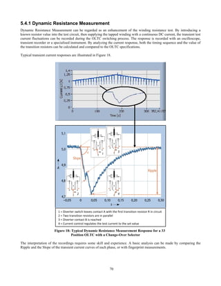 70
5.4.1 Dynamic Resistance Measurement
Dynamic Resistance Measurement can be regarded as an enhancement of the winding resistance test. By introducing a
known resistor value into the test circuit, then supplying the tapped winding with a continuous DC current, the transient test
current fluctuations can be recorded during the OLTC switching process. The response is recorded with an oscilloscope,
transient recorder or a specialised instrument. By analyzing the current response, both the timing sequence and the value of
the transition resistors can be calculated and compared to the OLTC specifications.
Typical transient current responses are illustrated in Figure 18.
Figure 18: Typical Dynamic Resistance Measurement Response for a 33
Position OLTC with a Change-Over Selector
The interpretation of the recordings requires some skill and experience. A basic analysis can be made by comparing the
Ripple and the Slope of the transient current curves of each phase, or with fingerprint measurements.
1 = Diverter switch leaves contact A with the first transition resistor R in circuit
2 = Two transition resistors are in parallel
3 = Diverter contact B is reached
4 = Current control regulates the test current to the set value
 