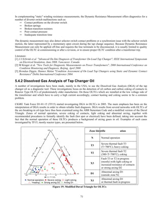 71
In complementing "static" winding resistance measurements, the Dynamic Resistance Measurement offers diagnostics for a
number of diverter switch malfunctions such as:
─ Contact problems on the diverter switch
─ Broken springs
─ Broken transition resistors
─ Poor contact pressure
─ Inadequate transition time
The dynamic measurement may also detect selector switch contact problems or a synchronism issue with the selector switch
motion, the latter represented by a momentary open circuit during the tap change sequence. Because Dynamic Resistance
Measurement can only be applied off-line and requires the line terminals to be disconnected, it is usually limited to quality
control of the OLTC at commissioning or after a revision, or to ensure proper OLTC condition after a transformer trip.
Literature:
[1] J J Erbrink et al. "Advanced On-Site Diagnosis of Transformer On-Load Tap Changer", IEEE International Symposium
on Electrical Insulation, June 2008, Vancouver, Canada
[2] M Kruger et al. "New Tools for Diagnostic Measurements on Power Transformers", 2008 International Conference on
Condition Monitoring and Diagnosis, Beijing, April 2008
[3] Brendan Diggin, Hannes Malan "Condition Assessment of On Load Tap Changers using Static and Dynamic Contact
Resistance" Doble International Conference 2004.
5.4.2 Dissolved Gas Analysis of Tap Changer Oil
A number of investigations have been made, mainly in the USA, to use the Dissolved Gas Analysis (DGA) of the tap
changer oil as a diagnostic tool. These investigations focus on the detection of oil carbon and carbon coking of contacts in
Reactor Type OLTCs of predominately older manufacture. On those OLTCs which are installed at the low voltage side of
the transformer and which have to carry a high current accordingly, contact heating and coking seems to be a common
problem.
CIGRE Task Force D1-01-15 (TF15) started investigating DGA in OLTCs in 2005. The main emphasis has been on the
interpretation of DGA results in order to obtain reliable fault diagnosis. DGA results from several networks with OLTCs of
the arc-breaking-in oil-type have thus been examined using the ABB Stenestam Code and a modified version of the Duval
Triangle. Zones of normal operation, severe coking of contacts, light coking and abnormal arcing, together with
recommended procedures to formally identify the fault (hot spot or electrical) have been defined, taking into account the
fact that the normal operation of these OLTCs produces a background of arcing gases in oil. Examples of such cases
investigated by TF15, mostly reactor types, are presented below.
Zone Identific ation
N Normal operation
T3
Severe thermal fault T3
(T>700°C), heavy coking
T2
Severe thermal fault T2
(300<T<700°C), coking
X3
Fault T3 or T2 in progress
(mostly) with light coking or
increased resistance of contacts
or strong arcing D2
D1
Abnormal arcing D1
(outside zone N)
X1
Abnormal arcing D1
or thermal fault in progress
Figure 19: Modified Duval Triangle for OLTCs
 