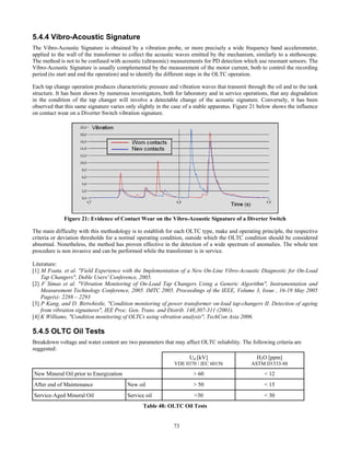 73
5.4.4 Vibro-Acoustic Signature
The Vibro-Acoustic Signature is obtained by a vibration probe, or more precisely a wide frequency band accelerometer,
applied to the wall of the transformer to collect the acoustic waves emitted by the mechanism, similarly to a stethoscope.
The method is not to be confused with acoustic (ultrasonic) measurements for PD detection which use resonant sensors. The
Vibro-Acoustic Signature is usually complemented by the measurement of the motor current, both to control the recording
period (to start and end the operation) and to identify the different steps in the OLTC operation.
Each tap change operation produces characteristic pressure and vibration waves that transmit through the oil and to the tank
structure. It has been shown by numerous investigators, both for laboratory and in service operations, that any degradation
in the condition of the tap changer will involve a detectable change of the acoustic signature. Conversely, it has been
observed that this same signature varies only slightly in the case of a stable apparatus. Figure 21 below shows the influence
on contact wear on a Diverter Switch vibration signature.
Figure 21: Evidence of Contact Wear on the Vibro-Acoustic Signature of a Diverter Switch
The main difficulty with this methodology is to establish for each OLTC type, make and operating principle, the respective
criteria or deviation thresholds for a normal operating condition, outside which the OLTC condition should be considered
abnormal. Nonetheless, the method has proven effective in the detection of a wide spectrum of anomalies. The whole test
procedure is non invasive and can be performed while the transformer is in service.
Literature:
[1] M Foata. et al. "Field Experience with the Implementation of a New On-Line Vibro-Acoustic Diagnostic for On-Load
Tap Changers", Doble Users' Conference, 2005.
[2] F Simas et al. "Vibration Monitoring of On-Load Tap Changers Using a Generic Algorithm", Instrumentation and
Measurement Technology Conference, 2005. IMTC 2005. Proceedings of the IEEE, Volume 3, Issue , 16-19 May 2005
Page(s): 2288 – 2293
[3] P Kang, and D. Birtwhistle, "Condition monitoring of power transformer on-load tap-changers II. Detection of ageing
from vibration signatures", IEE Proc. Gen. Trans. and Distrib. 148,307-311 (2001).
[4] K Williams, "Condition monitoring of OLTCs using vibration analysis", TechCon Asia 2006.
5.4.5 OLTC Oil Tests
Breakdown voltage and water content are two parameters that may affect OLTC reliability. The following criteria are
suggested:
Ud [kV]
VDE 0370 / IEC 60156
H2O [ppm]
ASTM D1533-88
New Mineral Oil prior to Energization > 60 < 12
After end of Maintenance New oil > 50 < 15
Service-Aged Mineral Oil Service oil >30 < 30
Table 48: OLTC Oil Tests
 