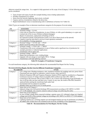 98
otherwise extend the outage time. As a support to help agreement on the scope of test (Category 1-4) the following aspects
can be considered:
─ Type of repair and scope of work (for example bushing versus winding replacement)
─ Possible consequences of a failure
─ Stress from the network (lightning, short-circuit, overload)
─ Urgency and loss of production related to the down-time
─ Repair/refurbishment versus re-manufacturing (refer to definitions in Section 5.6.5 Table 52)
Table 55 gives an example of how to determine transformer categories for the purpose of on-site testing.
Ch aracteristics
Category 1 - Nominal Voltage < 72.5 kV
- Units with no critical loss of production, in case of failure, or with a good redundancy or a spare unit
- Limited risk of fire in case of failure (collateral damages)
- Repair of connections, replacement of bushing or OLTC
- No expected overload. Good protection system. Low risk of short-circuit on the network
- Urgency to put the units back in service to meet operation constraints
- No availability of testing equipment
Category 2 - Nominal Voltage >=72.5 kV and < 170 kV
- Repair involving work on the active part
Category 3 - Nominal Voltage >=170 kV and <= 300 kV
- Transformers with severe consequences in case of failure and/or significant loss of production for
example generation or industrial applications
- Transformer with no spare unit
Category 4 - Nominal Voltage > 300 kV
- Repair that incorporates a new winding design
- Upgrade with new design to reach higher MVA / Voltage
- Transformers with high lightning exposure
Table 55: Examples of Transformer Categories
For each transformer category, the following table indicates the recommended Post-Repair On-Site Testing.
Recommended Post-Repair, On-Site Tests for Different Transformer Categories
Recommende d Tests
Category 1 - Low voltage tests: Winding resistances, ratio, insulation resistance for windings and core, power factor
- Functional tests and checks on indicators, control circuits, relays and OLTC
- Dielectric Response (DR) and Frequency Response Analysis (FRA) might be considered as a fingerprint.
- Continuous increase of voltage whenever possible (GSU) without any load: 20%–100% Un
- Connection to the network with no load at 100% Un for 12 hours with monitoring of gas (preferably on-
line or off-line after one hour and then every 3 hours). In any case, the results of the DGA should be
analyzed before putting the transformer back under load
- Incremental load rise (whenever possible)
- Monthly follow-up of DGA over a 6 month period
Category 2 - Same tests as for Category 1
- Induced voltage tests with partial discharge (PD) measurement according to IEC 60076-3 or IEEE
C57.12.00 standards. (See remarks related to induced voltage tests following this table)
Category 3 - Same tests as for Category 2
- In case of High Voltage Delta connected windings, separate source AC withstand voltage test (Applied
voltage test) at 80% of the nominal voltage test according to IEC 60076-3 or IEEE C57.12.00 standard
Category 4 - Same tests as for Category 3
- Lightning impulse test, switching impulse test and chopped impulse test may be performed; nevertheless,
the added value of these has to be evaluated (costs involved, availability of test equipments)
Table 56 – Recommendations for Post-Repair, On-Site Testing
 
