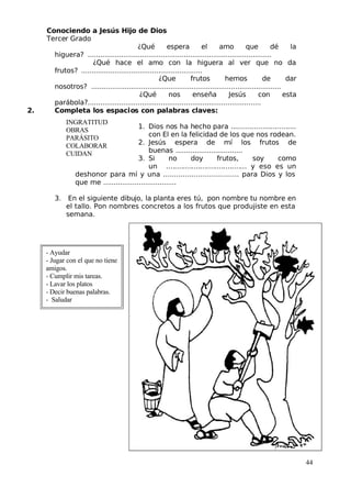 Conociendo a Jesús Hijo de Dios
 Tercer Grado
¿Qué espera el amo que dé la
higuera? ........................................................................................
¿Qué hace el amo con la higuera al ver que no da
frutos? ..........................................................
¿Que frutos hemos de dar
nosotros? ...........................................................................................
¿Qué nos enseña Jesús con esta
parábola?...................................................................................
2. Completa los espacios con palabras claves:
1. Dios nos ha hecho para ...............................
con El en la felicidad de los que nos rodean.
2. Jesús espera de mí los frutos de
buenas ................................
3. Si no doy frutos, soy como
un ...................................... y eso es un
deshonor para mí y una ................................... para Dios y los
que me ...................................
3. En el siguiente dibujo, la planta eres tú, pon nombre tu nombre en
el tallo. Pon nombres concretos a los frutos que produjiste en esta
semana.
44
INGRATITUD
OBRAS
PARÁSITO
COLABORAR 
CUIDAN
- Ayudar 
- Jugar con el que no tiene
amigos.
- Cumplir mis tareas.
- Lavar los platos
- Decir buenas palabras.
- Saludar 
 