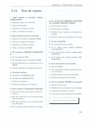 3.15. Test de repaso
1. ¿Qué función no permite realizar
phpMyAdmin?
a) Ejecución remota de comandos
b ) Copias de seguridad
c) Creación y borrado de tablas
)
d Parar y arrancar el servidor
2. Oracle Grid Control no permite
a Controlar el estado de múltiples BBDD
Creación y borrado de tablas
)
b) Controlar múltiples servidores
c)
)
d Parar y arrancar un SGBD
3. El comando CREATE DATABASE
no
a) Es una sentencia DDL
b) Es compatible entre los distintos SGBD
) Permite especicar los tablespaces de una
BBDD
C
d) Permite especicar el juego de caracteres
4. Una clave foránea
a) Se dene con FOREIGN KEY
b) Se dene con REF ERENCES
c) Puede ser compuesta
d) Todas las anteriores son correctas
5. Para arrancar el Enterprise Manager
a) No hay que hacer nada, viene instalado por
defecto
b) Hay que arrancarlocon el comando ernctl
start dbconsole
c) Hay que arrancarlocon el comando emctl
stop dbconsole
d) Es un entorno gráco basado en ventanas
Capítulo 3. Diseño sico relacional
6. La opción ON DELETE CASCADE
del comando CREATE TABLE
a) No funciona enOracle
b) No funciona en MySQL
c) Permite borrar registros relacionados en
cascada
d) Permite borrar claves foráneas en cascada
7. A una restricción
a) No se le puede poner nombre
b) Se le puede poner nombre mediante
CONSTRAINT
c) Se le puede poner nombre mediante RES-
TRICTION
d) Se le puede poner nombre mediante RE-
FERENCES
8. autojncrement es una opción
a) Sólo de MySQL
b) Para incrementar valores numéricos de for-
ma automática
c) Se suele aplicar a las claves primarias
d) Todas las anteriores son correctas
9. Con el comando ALTER, no se puede
a Borrar una columna
b Modicar el tipo de dato de una columna
c Cambiarle el nombre a la tabla
d Todas las opciones anteriores son posibles
)
)
 