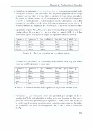 Capítulo 4. Realización de Consultas
- Operadores relacionales: >, <, <>, >=, <=, =. Los operadores relacionales
sirven para comparar dos operandos. Así, es posible preguntar si un campo
es mayor que un valor, o si un valor es distinto de otro. Estos operadores
devuelven un número entero, de tal manera que si el resultado de la expresión
es cierto el resultado será 1, y si el resultado es falso el resultado será O.Por
ejemplo, la expresión a >b devuelve 1 si a es estrictamente mayor que b y O
en casocontrario. La. expresión d<>e devuelve 1 si d y e son valores distintos.
IOperadores lógicos: AND, OR, NOT. Los operadoreslógicos toman como ope-
randos valores lógicos, esto es, cierto o falso, en caso de SQL, 1 o O. Los
operadores lógicos se comportan según las siguientes tablas de verdad:
Operando 1 Operando 2 Opl AND Op2 Opl OR Op2 NOT Opl
falso falso falso falso cierto
falso cierto falso cierto cierto
cierto falso falso cierto falso
cierto cierto cierto cierto falso
Cuadro 4.1: Tabla de verdad de los operadores lógicos.
Por otro lado, se necesita un tratamiento de los valores nulos; hay que incluir
como un posible operando el valor nulo:
Operando 1 Operando 2 Opl AND Op2 Opl OR Op2 NOT Opl
falso falso falso falso cierto
falso cierto falso cierto cierto
cierto falso falso cierto falso
cierto cierto cierto cierto falso
nulo X
nulo nulo nulo
nulo nulo nulo
Cuadro 4.2: Tabla de verdad de los operadores lógicos con valores nulos.
-Paréntesis: Los operadores tienenuna prioridad, por ejemplo, en la ex-
presión 3+4*2, la multiplicación se aplica antes que la suma, se dice que el
operador * tiene ¡nas prioridad que el operador +. Para alterar esta prioridad,
se puedeusar el operador paréntesis, cuyo cometido es precisamentedar máxi-
ma prioridad a una parte deuna expresión.Así, (3+4)*2, no eslo mismoque
3+4*2.
139
 