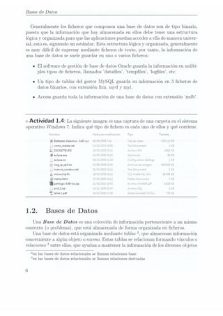 Bases de Datos
Generalmente los cheros que componen una base de datos son de tipo binario,
puesto que la información que hay almacenada en ellos debe tener una estructura
lógica y organizada para que lasaplicaciones puedan acceder aella de manera univer-
sal, estoes, siguiendoun estándar. Esta estructura. lógica y organizada, generalmente
es muy difícil de expresar mediante cheros de texto, por tanto, la información de
una base de datos se sueleguardar en uno o varios cheros:
u El software de gestión de base dedatos Oracle guarda la información en múlti-
ples tipos de cheros, llamados datales, temples, logles, etc.
IUn tipo de tablas del gestor liI;vSQL guarda su información en 3 cheros de
datos binarios, con extensión frm, myd y myi.
n Access guarda toda la información de una base de datos con extensión mdb.
<> Actividad 1.4: La siguiente imagen
es una
captura de
una carpeta
en elsistema
operativo Windows 7. Indica qué tipo de chero es cadauno de ellos y qué contiene.
HcmL-re Fecha de nmzhwïcecicn Tnpc Tamahc
u112i
l
E Battlestar Galactica
-lxLavi Úí 3-322v]? "LJ Íhp de ¿dee 6'
-4
11
a
Í
u
r
J
"n
1
.
o
_.
__
(omojnstalantxt
i- DSCN0776JPG
5' eclipseexe
l 1
v. q
.
t n1
a
¡If L
__
eclipseini
c:
t.
a
V
IJ -
.-- img_xp_sp3.iso
_
lícencia_windows.bct
,4
(¡r
 