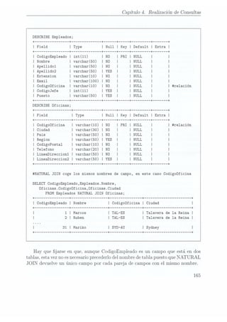 Capítulo 4. Realización de Consultas
DESCRIBE Empleados;
+
---- --+--+ ------- --+
I I | I
+ ------------ --+ ---- --+--+ ------- --+
I CodigoEmpleado I I I I I I
I Nombre I varchar(50) I N0 I I NULL I |
I Apellidol | varchar(50) I N0 I I NULL I I
I Ape1lido2 I varchar(50) I YES I I NULL I I
IExtension I varchar(10) I N0 II NULL I |
| Email I varchar(100) I N0 II NULL II
I Codigoüficina I varchar(10) I N0 I I NULL I I #relación
I CodigoJefe I int(11) I YES I | NULL I I
I Puesto I varchar(50) I YES I I NULL I I
+ -------------- --+ ------------ --+ ---- --+--+ ------- --+ --+
DESCRIBE Oficinas;
+ --------------- --+ ----------- --+ ---- --+--+ ------- --+ ----- --+
I Field I Type I Null I Key I Default I Extra I
+
--------------- --+ --+ ---- --+--+ --+ --+
I Codigoüficina I varchar(10) I N0 I PRI I NULL I I #relación
I Ciudad I varchar(30) I N0 I I NULL I I
I Pais I varchar(50) I N0 I I NULL I I
I Region I varchar(50) I YES I I NULL I I
I CodigoPostal I varchar(10) I N0 I I NULL I I
| Telefono I varchar(20) I N0 I I NULL I |
I LineaDireccion1 I varchar(50) I N0 I I NULL I |
I LineaDireccion2 I varchar(50) I YES I I NULL I |
+ --+ ----------- --+ ---- --+--+ ------- --+ ----- --+
#NATURAL JOIN coge los mismos nombres de campo, en este caso Codigoüficina
SELECT
CodigoEmpleado,Empleados.Nombre,
Oficinas.Codigo0ficina,0ficinas.Ciudad
FROM
Empleados NATURAL
JOIN Oficinas;
+
-------------- --+ --------------- --+ ------------- --+ -------------------- --+
I CodigoEmpleado I Nombre I Codigoüficina I Ciudad I
+ -------------- --+ --------------- --+ ------------- --+ -------------------- --+
I 1
I Marcos I TALES
I Talavera de la Reina l
2 I Ruben I TAL-ES I Talavera de la Reina I
I 31 I Mariko I SYD-AU
I Sydney I
Hay que jarse en que, aunque CodigoEmpleado es un campo que está en dos
tablas, esta vez noes necesarioprecederlo delnombre detabla puesto que NATURAL
JOIN devuelve un único campo por cada pareja de campos con el mismo nombre.
165
 