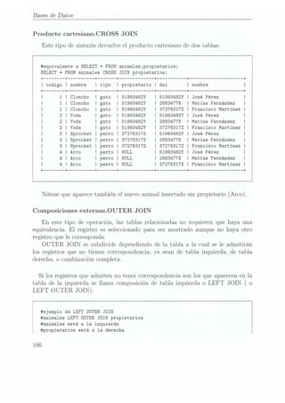 Bases de Datos
Producto cartesiano.CROSS JOIN
Este tipo de sintaxis devuelve el producto cartesiano de dos tablas:
#equiva1ente a SELECT * FROM anima1es,propietarios;
SELECT * FROM animales CROSS JOIN propietarios;
I codigo I nombre
+
I
l
l
l
l
I
|
I +
l
l
l
l
|
l
|
l
l
I
Cloncho
Cloncho
Yoda
Yoda
 