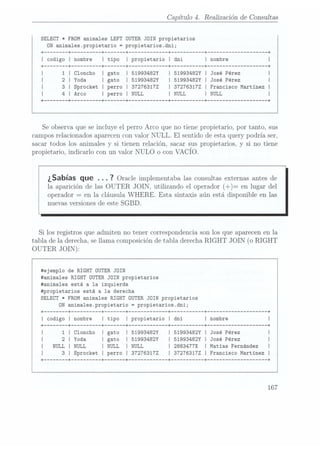 Capítulo 4. Realización de Consultas
SELECT
* FROM animales LEFT OUTER JOIN propietarios
DN animales.propietario = propietarios.dni;
+------ --+ -------- --+ ----- --+ ----------- --+ --------- --+ ------------------ --+
I codigo
I nombre
I tipo
I propietario
I dni
I nombre
I
+------ --+ -------- --+ ----- --+ ----------- --+ --------- --+ ------------------ --+
I 1
I Cloncho
I gato
I 51993482Y
I 51993482Y
I José Pérez
I
| 2
I Yoda
I gato
I 51993482Y
I 51993482Y
I José Pérez
I
I 3 I Sprocket
I perro
I 372763172
I 372763172
I Francisco Martinez
I
I 4 I Arco
I perro
I NULL
I NULL I NULL
I
+------ --+ -------- --+ ----- --+ ----------- --+ --------- --+ ------------------ --+
Se observa que se incluye el perro
Arco que no tiene propietario, por tanto, sus
campos relacionados aparecen con valor
NULL. El sentido de esta.query podría ser,
sacar todos los animales
y si tienen relación, sacar sus propietarios,
y si no tiene
propietario,
índicarlo
conunvalorN
ULO oconVACÍO.
¿Sabías que . . . 7 Oracleimplementaba
las consultas
externasantesde
la aparición de las OUTER
JOIN. utilizando el operador (+)= en lugar del
operador = en la cláusula WHERE. Esta sintaxis aún está disponible en las
nuevas versiones de este
SGBD.
Si los registros que admiten no tener correspondencia son los que aparecen en la
tabla de la derecha, sellama composición de tabla derecha
RIGHT JOIN (o RIGHT
OUTER JOIN):
#ejemp1o de RIGHT
OUTER JOIN
#anima1es RIGHT
OUTER JOIN propietarios
#anima1es está a la izquierda
#propietarios está a la derecha
SELECT
* FROM animales RIGHT OUTER JOIN propietarios
ON anima1es.propietario = propietarios.dni;
+------ --+ -------- --+ ----- --+ --+ --+ ------------------ --+
I codigo
I nombre
I tipo
I propietario
I dni
I nombre
I
+------ --+ -------- --+ ----- --+ ----------- --+ --------- --+ ------------------ --+
1 I Cloncho
I gato
I 51993482Y
I 51993482Y
I José Pérez
I
2 l Yoda
Í gato
I 51993482Y
I 51993482Y l José Pérez l
NULL I
NULL INULL I
NULL I 2883477X
| Matías
Fernández
I
|
3 I Sprocket
I perro
I 372763172
I 372763172
I Francisco Martinez
+------ --+ -------- --+ ----- --+ ----------- --+ --+ --+
167
 