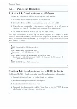 Bases de Datos
4.11. Prácticas Resueltas
Práctica 4.1: Consultas simples
en MS-Access
Con la BBDD Automóviles, genera sentenciasSQL para obtener:
1. El nombre de las marcas y modelos de los vehículos.
2. El nombre de los modelos cuyas emisionesestén entre 150 y 165.
3. El nombre de los modelos cuyas emisiones estén entre 150 y 165 o que su
consumo esté entre 5
y 6 ordenado por consumo descendentemente.
4. Un listado de todas las Marcas que hay (sin repeticiones).
Para crear una consulta en modo SQL en Access, se pulsa en la pestaña. Crear,
opción Diseño de Consulta, y a continuación, se pulsa en el botón SQL. Final-
mente, se escribe la sentencia SELECT y, para ejecutarla, se pulsa en la admiración
de la pestaña Diseño .
#1
SELECT
Marca,Mode1o FROM
Automóviles;
#2
SELECT
modelo FROM
Automóviles WHERE
Emisiones >= 150 AND Emisiones <=165;
#3
SELECT mode1o,consumo,emisiones FROM Automóviles WHERE
(Emisiones >= 150 AND Emisiones <=165) OR (Consumo>=5 AND Consumo<=6)
ORDER BY consumo DESC;
#4
SELECT
DISTINCT Marca
FROM Automóviles;
Práctica 4.2: Consultas simples
con Ia BBDD jardinería
Codica en MySQL y Oracle sentencias para obtener la siguiente información:
1. Sacar el código de ocina y la ciudad donde hay ocinas.
Sacar cuántos empleados hay en la compañía.
Sacar cuántos clientes tiene cada país.
FP.
Sacar cuálfue el pago medioen 2005(pista: Usarla función YEAR de mysql
o la función to_char(fecha,yyyy) de Oracle).
 