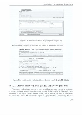 Capítulo 5. Tratamiento de 10s datos
2
lísi fueron insertadas.
La Id
de la
la msertada
es:3
Ï-sín {nÏ --- -
1 e!
9:,u"
í'l"v'
2-1. ,3
L. Ez. "
l: Editar]!
(near código
PHP]
Ejecutar lau)
consultan) SOL
en labaso de
datos sum-uk:
m
INSERT {VO
suryet una; 4
(5129:
.hast; . Fejhn
.Ivmnaïgaax
¡ALUES Campos
n1
. Leonard
Puro;
.l93lw83-26
. ECW
I. 12,¡Hizo! Shun!.¡LH-II . coúgo _
EEUU
M Nombre
Fecha
NBCIOHEÍIÜBÚ
<<
Guardar esta
consulta en
fovontos:
Penmhr que
todo usuario
puede ¡raider
a este
favorito
Reempluar el
favorito QXISÍBHIQ
que tenga
el mnsmo
nombre
Cent: nuar
Figura 5.2:Inserción através dephpmyadmin.(paso 2).
Para eliminar o modicar registros, se utiliza la pestaña Examinar:
HEHWÜM Estructura ¿[SOL
Buscar idmorhr E
nar Im rnds-anos
¡Vaciar E Eliminar
«v; noisrtrando-regcstvïais
0-1-(2total. La
Consul-Álamo seg) i
mm
FW t":v
LIIH 4
PorllPorlnmnentol Edntarll
Explicar e!
SOL]
[Crear
CÓÚIQO PHP
I [ÁCUJBÍIZIÍ
Mostrar: ¿30 mas empezando
de o
en modo
nonzontal v ympelurlos encabezadoscaoauoo
celdas
Drgamzarsegúnla clave:
nmgum y
v Opcuones
codigo
nombro loan Nacionalidad
, X 1
LeonardNimoy 1931-03-26
EEUU
, >< 2 Williamshacner 1931-03-22
eeuu
t Marcar todos/as
IDesmarcar
todos Para
loselementos
que estan marcados:
f x I
Mostrar: 3o
mas empezando de
o
en modo
horizontal v
y repeorios encabezados
cada 10o celdas
(¡p-raciones
sobra
los nsuiudos dola zonsulu
__
Vista
deampresuon .'
Prevusualuzacron para
¡mpnmnrtdocumento completo)
Exportar
Q
CREATE
VIEW |
Figura 5.3: Modicación y eliminación de datos a través de phpMyAdmin.
5.1.2. Access como entorno gráco para otros gestores
Si se conoce el entorno Access es muy sencillo conectarlo con otros gestores,
y de esta manera, aprovecharse del conocimiento de la interfaz de Microsoft para
administrar otros gestores debases dedatos. Esto es posible gracias a la utilización
de conectores ODBC. ODBC son las siglas de Open Database Connectivity. Es una
187
 