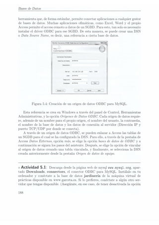 Bases
de Datos
herramienta que, de forma estándar, permite conectar aplicaciones a cualquier gestor
de bases de datos. Muchas aplicaciones omáticas, como Excel, Word y el propio
Access permite el accesoremoto a datos de un SGBD. Para esto, tan solo es necesario
instalar el driver ODBC para ese SGBD. De esta manera, se puede crear una DSN
o Data Source Name, es decir, una referencia a cierta base de datos.
MySQL Comedor/ODBC
Dm Senna:
Conguration
Cannon Puameters
Data Source
Name:
:192. 168.
224.
128
Figura 5.4: Creación de un origen de datos ODBC para MySQL.
Esta referencia se crea en Windows a través del panel de Control, Herramientas
Administrativas, y la opción Onyenes de Datos ODBC. Cada origen de datos requie-
re, ademásde un nombre para el propio origen, el nombre del usuario, la contraseña,
el nombre de la base dedatos y los datos de conexiónal servidor (Dirección IP y
puerto TCP/ UDP por dondese conecta).
A través de un origen de datos ODBC, se puedenenlazar a Access lastablas de
un SGDB para el cual se ha congurado la DSN. Para ello, a través de la pestaña de
Access Datos Externos, opción más, seelige la opción bases de datos de ODBC y a
continuación se siguen los pasos delasistente. Después,se eligela opción de vincular
al origen de datos creando una tabla vinculada, y nalmente, se seleccionala DSN
creada anteriormente desde la pestaña Origen de datos de equipo.
<> Actividad 5.1: Descargadesde la
página web
de mysql
wwmmysql
.org, apar-
tado Downloads, connectors, el conector ODBC para MySQL. Instálalo en tu
ordenador y Conéctate a la base de datos jardinería de la máquina virtual de
prácticas disponible en wwwgarcetaes. Si lo preeres, Conéctate a algún otro ser-
vidor que tengas disponible. (Asegúrate, en ese caso,de tener desactivada la opción
188
 