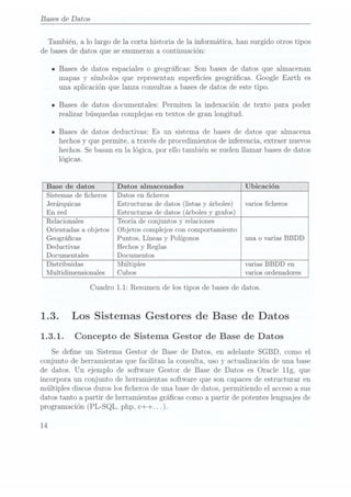 Bases de Datos
También, a lo largo de la corta historia de la informática, han surgido otros tipos
de basesde datos que se enumeran a continuación:
- Bases de datos espaciales o geográcas: Son bases de datos que almacenan
mapas v
símbolos que representan supercies geográcas. Google Earth es
u
una aplicación que lanza consultas a bases dedatos de este tipo.
n Bases de datos documentales: Permiten la indexación de texto para poder
realizar búsquedas complejas en textos de gran longitud.
IBases de datos deductivas: Es un sistema de bases de datos que almacena
hechos y que permite, a través de procedimientos de inferencia, extraer nuevos
hechos. Sebasan en la lógica, por ello también se suelen llamar bases dedatos
lógicas.
Base de datos Datos almacenados
Sistemas de cheros Datos en cheros
Jerárquicas Estructuras de datos (listas y árboles) varios cheros
En red Estructuras de datos (árbolesy grafos)
Relacionales Teoría de conjuntos y relaciones
Orientadas a objetos Objetos complejos con comportamiento
Geográcas Puntos, Líneas y Polígonos una o varias BBDD
Deductivas Hechos y Reglas
Documentales Documentos
Distribuidas Múltiples varias BBDD en
Multidimensionales Cubos varios ordenadores
Cuadro 1.1: Resumen de los tipos de basesde datos.
1.3. Los Sistemas Gestores de Base de Datos
1.3.1. Concepto de Sistema Gestor de Base de Datos
Se dene un Sistema Gestor de Base de Datos, en adelante SGBD, como el
conjunto de herramientas que facilitan la. consulta, uso y actualización de una base
de datos. Un ejemplo de software Gestor de Base de Datos es Oracle 11g, que
incorpora un conjunto de herramientas software que son capaces deestructurar en
múltiples discos duros los cheros de una base de datos, permitiendo el acceso asus
datos tanto a partir de herramientas grácas como a partir de potentes lenguajes de
programación (PL-SQL, php, c++. . .).
14
 