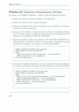Bases de Datos
Práctica 5.5: Inserciones, Actualizaciones
y Borrados
En Oracle, con la BBDD Jardinería, codica en SQL las siguientes acciones:
1.
2.
3.
6.
224
Inserta una ocina con sede en Leganés y dos empleados.
Inserta un cliente de cada empleado insertado.
Inserta dos pedidos de los clientes anteriores (con su detalle) de al menos 2
productos con una transacción.
.Borra uno de los clientes y comprueba si hubo cambios en las tablas relaciona-
das. Si no hubo cambios, modica las tablas necesarias estableciendola clave
foránea con la cláusula ON DELETE CASCADE.
.Ejecuta el siguiente código para simular el ON UPDATE CASCADE de la
tabla Pedidos y modica el código de algún pedido. Comprueba que haya
modicado los registros relacionados en la tabla DetallePedidoz
CREATE OR REPLACE TRIGGER Actua1izaPedidos
AFTER UPDATE
UN Pedidos FUR EACHROW 3
BEGIN
UPDATE Deta11ePedidos SET CodigoPedido =
WHERE CodigoPedido= :o1d.CodigoPedido;
END Actualizaclientes;
:new.CodigoPedido
Crea ahora el siguiente disparador y prueba a cambiarle el código a un Emplea-
do. ¿Qué sucede? Buscael concepto de tabla mutante y estudia el problema.
CREATE OR REPLACE TRIGGER Actualizaclientes
AFTER UPDATE ON Empleados FOR EACH RDW
BEGIN
UPDATE
Clientes SET
CodigoEmp1eadoRepVentas =
:new.CodígoEmp1ead
WHERE CodigoEmp1eadoRepVentas =
:o1d.CodigoEmp1eado;
UPDATE Empleados SET CodigoJefe =
:new.CodigoEmp1eado
WHERE CodigoJefe = :old.CodigoEmp1eado;
END Actualizaclientes;
/
 