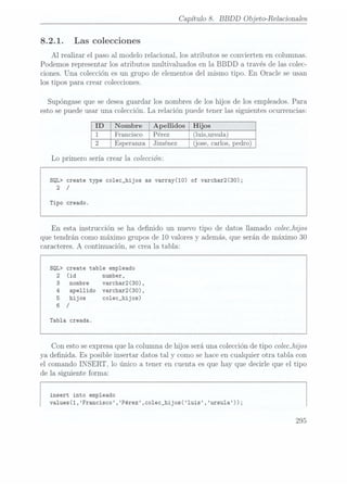 Capítulo 8. BBDD Objeto-Relacionadas
8.2. 1.
Las colecciones
Al realizar el paso al modelo relacional, los atributos se convierten en columnas.
Podemos representar los atributos multivaluados en la BBDD a través de las colec-
ciones. Una colección es un grupo de elementos del mismo tipo. En Oracle se usan
los tipos para crear colecciones.
Supóngase quese deseaguardar los nombres de los hijos de los empleados. Para
esto sepuede usar una. colección.La relación puede tener las siguientes ocurrencias:
III Apellidos
m
(luis-Insular
(Jose Carlos»
pedro)
Lo primero sería crear la colección:
SQL> create type colec_hijos as varray(10) of varchar2(30);
2 /
Tipo creado.
En esta instrucción se ha denido un nuevo tipo de datos llamado coleahijos
que tendrán como máximo grupos de 10 valoresy además, que serán de máximo 30
caracteres. A continuación, se crea la tabla:
SQL> create table empleado
2 (id number,
3 nombre varchar2(30),
4
apellido varchar2(30),
5 hijos co1ec_hijos)
6 /
Tabla creada.
Con esto se expresaque la columna de hijos será una colección de tipo colecjnjos
ya denida. Es posible insertar datos tal y como sehace encualquier otra tabla con
el comando INSERT, lo único a tener en cuenta es que hay que decirle que el tipo
de la siguiente forma:
 