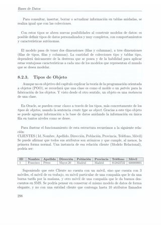 Bases de Datos
Para consultar, insertar, borrar o actualizar información en tablas anidadas, se
realiza igual que con las colecciones.
Con estos tipos se abren nuevas posibilidades al construir modelos de datos: es
posible denir tipos de datos personalizados y muy completos, con comportamientos
y características autónomas.
El modelo pasa detener dos dimensiones (las y columnas), a tres dimensiones
(las de tipos, las y columnas). La cantidad de colecciones tipo y tablas tipo,
dependerá únicamente de la destreza que se posea y de la habilidad para aplicar
estas ventajosascaracterísticas a cada uno de los modelos que representan el mundo
que se desea modelar.
8.2.3. Tipos de Objeto
Aunque no es objetivo del capítulo explicar la teoría de la programación orientada
a objetos (POO), serecordará queuna clasees comoel moldeo un patrón para la
fabricación de los objetos. Y
visto desde el otro sentido, un objeto es una instancia
de una clase.
En Oracle, se puedencrear clases a través de los tipos, más concretamente de los
tipos de objetos, usando la sentencia create type as object. Gracias a este tipo objeto
se puede agregar información a la base de datos anidando la. información en única
la en tantos niveles como se desee.
Para ilustrar el funcionamiento de esta estructura recurrimos a la siguiente rela-
ción:
CLIENTES
( Id,
Nombre, Apellido,
Dirección, Población,
Provincia, Teléfon
Móvil)
Se puede armar que todos sus atributos son atómicos y que cumple, al menos, la
primera forma normal. Una instancia de esa relación cliente (Modelo Relacional),
podría ser:
[EI Apellido
Mayor.20 Madrid Madrid 912823722 600000001
Suponiendo que este Cliente no cuenta con un móvil, sino que cuenta con 3
móviles, el móvil de su trabajo, su móvil particular de una compañía que le da una
buena tarifa. por la mañana, y otro móvil de una compañía que le da buenos des-
cuentos en SMS. Se podría pensar en conservar el mismo modelo de datos de forma
elegante, y no con una entidad cliente que contenga hasta 10 atributos llamados
298
 