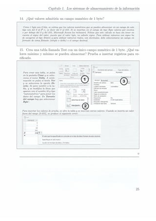 Capítulo 1. Lossistemasde almacenamientode 1ainformación
14. ¿Quévaloresadmitiría un camponuméricode
1 byte?
Como 1 byte son 8 bits, se estima que los valores numéricos que se pueden almacenar en un campo de este
tipo son del 0 al 28-1, es decir del 0 al 255. Si se insertan en el campode tipo Byte valorespor encima
o por debajo del 0 y del 255, Microsoft Accesslos rechazará. Nótese que este cálculo se hace sin tener en
cuenta el signo del valor, puesto que el valor byte, no admite signo. Para utilizar números con signo ha
de escogerseel tipo Entero y pam utilizar númems reales, con.decimales, debe seleccionarse un campo en
formato de comaotante (simpleo doble)o el campodecimal.
15. Crea una tabla llamada Test conun únicocamponuméricode
1 byte. ¿Quéva-
loresmáximo y mínimo sepuedenalmacenar?Prueba a insertar registrospara ve-
ricarlo.
-/ Crear Datos
externos
ÍHICIO
La . '.
l 3 _ Nombre
delcampo Tupo
dedaios
Para crear una tabla!sepulsa Tabla
Plantnllas
Lnstasae
DISEÑO Numem
en la pestaña Crear y se selec- 0mm Shmpm"!
' d!"
. . . v,
. pn wca a
czonael icono Tabla. A contz- 3m _ ' ' '
'
'
e e
nuación se pulsa el botón Ver 5mm _,Bús9us9I__AA__
___
y se seleccionala opciónDi-
- Cree
unanuevstablaracxa
Puede
a...nlos T""""°
°""°° 5V
- campcs
uuenamente
enuna
nueva
¡abla
o F°""¡°
seno Se Pone7mm? a l ta con!
launla
envlsxa
Duseño. Luoms
netimnles Automnko
bla, y se modica la línea que l _ Mnsaradunivldl
a anece
conelnombre
Id ti L: m: mu
P y po _J Valor
predelermmado
autonuméïico para poner los '
Huevo
Aguggr
campo; Regll
aevaludauon
datosdel campo.En Tamaño Ei, 3'39 m ° "°"°'°
Requerido No
delcampo
hayque
seleccionar 2 ' l indexado snsm
GUDIICIGOS]
Byte _ 4 Etiquetas
inteligentes
Ahnenaon
del
texto Genem
Para insertar los valores de prueba, se abre la tabla y se insertan varios valores. Cuando se inserta un valor
fuera del rango[0-255], seproduce
el siguienteerror:
El
valor
que
ha
especicado
nacoincide
(un
eltipo
dedatos
Número
de
esta
eolumm.
Especique
un
valor
nuevo.
Ayuda
con
los
tipos
de
datos
yformatos.
25
 