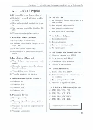 Capítulo 1. Los sistemas de almacenamiento de la información
1.7. Test de repaso
1. El contenido de un chero binario
a) Es legible y se puede abrir con un editor
de textos
b) Debe ser interpretadomediante unforma-
to
c) Son caracteres imprimibles del código AS-
CII
d) Es un conjunto de pixels con colores
2. Un chero de texto contiene
a) Cualquier tipo de información
b) Caracteres codicados en código ASCII
o
UNICODE
c) Los datos de una base de datos
d) Datos que han de ser accedidos secuencial-
mente
3. Las tablas de códigos ascii
a) Usan 2 bytes para representar cada
carácter
b) Distancian las mayúsculas de las minúscu-
las en 64 unidades
c) Tienen 256 caracteres distintos
d) Todas las anteriores son correctas
4. Señala el chero que no es binario
Un chero .avi
Un chero .html
a)
b)
c)
Un chero
.mp3
d) Un chero .doc
5. Un campo clave es
a) Un campo numérico
b) Un campo especial que puede repetir un
mismo valor
c) Un campo especial que no puede repetir
ningún valor
d) Un campo alfanumérico
6. Una query es
a) Un comando o petición que se envíaa la
base de datos
b) Una. búsqueda de información
c) Una operación de ordenación
d) Una estructura deinformación
7. Un índice es útil para
a Insertar información
b Borrar información
C
d
Buscar y ordenar información
)
)
)
)
No repeti
valores
8. Una vista es una tabla virtual que
a Almacena los datos en la BBDD
)
b) No se almacena en la BBDD
 