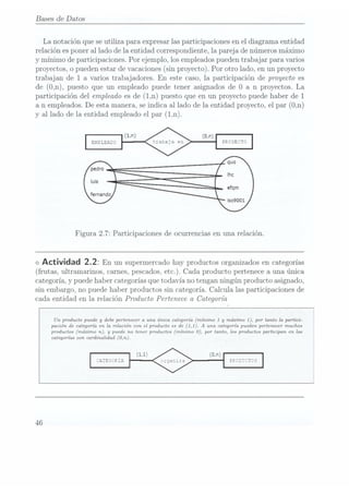 Bases de Datos
La notación que seutiliza para expresar las participaciones en el diagrama entidad
relación esponer al lado de la entidad correspondiente, la pareja de números máximo
y mínimo de participaciones. Por ejemplo, los empleadospueden trabajar para varios
proyectos, o
pueden estar
de vacaciones
(sin proyecto).Por otro lado, enun proyecto
trabajan de 1 a varios trabajadores. En este caso, la participación de proyecto es
de (O,n), puesto que un empleado puede tener asignados de0 a n proyectos. La
participación del empleado es
de (1,11)
puesto queen un proyecto puedehaber de 1
a n empleados. De
esta manera,se indicaal ladode laentidad proyecto,el par (0,n)
y al lado de la entidad empleado el par (Ln).
Figura 2.7: Participaciones de ocurrencias en una relación.
<> Actividad 2.2: En un supermercado
hay productos
organizados en
categorías
(frutas, ultramarinos, carnes, pescados,etc.). Cada producto pertenece a una única
categoría, y
puede haber categoríasque todavía no tengan ningún producto asignado,
sin embargo, no puede haber productos sin categoría. Calcula las participaciones de
cada entidad en la relación Producto Pertenece a Categoría
Un producto puede y
debe pertenecer a una única categoría (mínimo 1 y
máximo 1
), por tanto la partici-
pación de categoría en la relación con el producto es de (1,1). A
una categoría pueden pertenecer muchos
productos (máximo n), y
puede no tener productos (mínimo 0), por tanto, los productos participan en las
categorías con cardinalidad (0.71).
n--. ..-.-¡
46
 