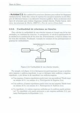 Bases de Datos
<> Actividad 2.5: Haymultitud denotaciones distintas
para realizar
los diagramas
entidad relación. Todas ellas,tratan de expresar losconceptos expuestosen estelibro,
pero de diferentes formas y con diferentes elementosgrácos. Busca en Internet otros
tipos de notaciones para realizar diagramas entidad relación. Puedes buscar, entre
otros, las notaciones de Alartin, [DEF 1X
o Pies de cuervo (Crows foot).
2.3.6. Cardinalidad de relaciones no binarias
Para calcular la Cardinalidad de una relación ternaria se tomará una de las tres
entidades y se combinan las otras dos. A continuación, se calcula la participación de
la entidad en la combinación de las otras dos. Posteriormente, se hará lo mismo con
las otras dos entidades. Finalmente, tomando los máximos de las participaciones se
generan las cardinalidades.
CardinaIidad=max(0,1):max(1,1):max(0,n)
=
1:1:N
EMÉÉISA
EIÉEÏZENTE
Figura 2.14: Cardinalida.d de una relación ternaria.
Por ejemplo, en la gura 2.14 se distinguen tres participaciones, la que se produce
entre empresa y auditora-expediente, la que se distingue entre auditora y empresa-
expediente, y por último la de expediente con auditora-empresa:
- Una empresa ¿Cuántosexpedientes puedetener con una auditora? Puede tener
un mínimo de 0 y un máximo de n. Participación de Empresa (Ü,n).
IUna. auditora ¿Cuántos expedientes puedetener con una empresa?Puede tener
un mínimo de Oy un máximo de 1. Participación de Auditora (0,1).
u Un expediente ¿A cuántas empresasauditadas por la auditora puede pertene-
cer? Un expediente solo puede pertenecer a una empresa auditada (1,1), por
tanta Participación de Expediente (1.1).
50
 