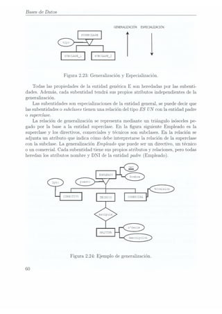 Bases de Datos
GENERALIZACIÓN ESPECIALIZACIÓN
Figura 2.23: Generalización y Especialización.
Todas las propiedades de la entidad genérica E son heredadas por las subenti-
dades. Además, cada subentidad tendrá sus propios atributos independientes de la
generalización.
Las subentidades son especializacionesde la entidad general, se puededecir que
las subentidades o subclasestienen una relación del tipo ES UN
con la entidad padre
o superclase.
La relación de generalización se representa mediante un triángulo ísósceles pe-
gado por la base a la entidad superclase. En la gura siguiente Empleado es la
superclase y los directivos, comerciales y técnicos son subclases. En la relación se
adjunta un atributo que indica cómo debe interpretarse la relación de la superclase
con la subclase. La generalización Empleado que puede ser un directivo, un técnico
o un comercial. Cada subentidad tiene sus propios atributos y
relaciones, pero todas
heredan losatributos nombrey DNI de la entidad padre(Empleado).
IIF JITZTC
Figura 2.24: Ejemplo de generalización.
60
 