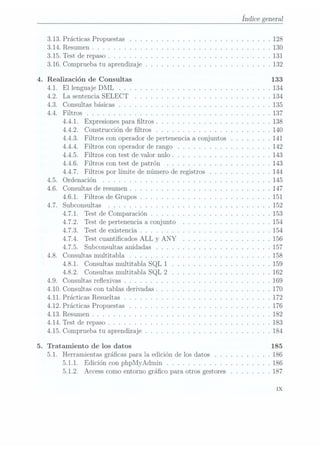 Índice general
3.13. Prácticas Propuestas .. . . . .. . .. . .. . . . .. . .. . . .. . .128
3.14. Resumen . . . . . .. . .. . . . . . .. . . . . . . . . . .. .. . .. .130
3.15. Test de repaso .. . . . . . . . . . . . . . .. . . . .. . . . . . . . . .131
3.16. Comprueba tu aprendizaje . .. . . . . . . . .. . . . . . . . . .. . . 132
. Realización de Consultas 133
4.1. El lenguaje DML . .. . . . . . . .. . .. . . . . . .. . . .. . . .. 134
4.2. La sentencia SELECT . . . . . .. . .. . . .. . .. . . . .. . . . .134
4.3. Consultas básicas .. . .. . .. .. . . . . . .. . .. . . . . . . . . .135
4.4. Filtros . . . . . . . . . .. . . .. . . . . . . . .. . .. . . .. . . . .137
4.4.1. Expresiones para ltros . .. .. . . . .. . . . .. . . . .. . .138
4.4.2. Construcción de ltros . . . . . . . .. . . . . . . .. . . . . .140
4.4.3. Filtros con operador de pertenencia a conjuntos . . . . . .. .141
4.4.4. Filtros con operador de rango . .. . . . . . . .. . . . .. . .142
4.4.5. Filtros con test de valor nulo . .. . . . . . .. . . . .. . .. . 143
4.4.6. Filtros con test de patrón . . . .. . . . . . . . . . . . . . . .143
4.4.7. Filtros por límite de número de registros . . . . . . .. . . . .144
4.5. Ordenación . .. . . .. . . . . . . .. .. . .. . . .. .. . . . . . .145
4.6. Consultas de resumen . . . . .. . . .. . . . . . . . . . .. . . . . . .147
4.6.1. Filtros de Grupos . . . .. .. . . .. . . . . . . .. .. . . . .151
4.7. Subconsultas . . . . .. . . .. . . .. . .. . . .. . . . . .. . .. .152
4.7.1. Test de Comparación . . .. . . . .. .. . . . .. . . .. . . .153
4.7.2. Test de pertenencia a conjunto .. . .. . .. . . . .. . . . .154
4.7.3. Test de existencia .. .. . .. .. .. . . . . . .. . . . . . . .154
4.7.4. Test cuanticados ALL y ANY . . . . . . . . . . . . . . . . .156
4.7.5. Subconsultas anidadas . . . .. . . . . .. . . . . . . . . . . .157
4.8. Consultas multitabla . .. . . . . . . . . .. .. . . . . . . . . . . . .158
4.8.1. Consultas multitabla SQL 1 . . . . .. . . . . . .. . . . . . .159
4.8.2. Consultas multitabla SQL 2 . . .. . . . . .. .. . . . . .. .162
4.9. Consultas reexivas . . .. . .. . .. . .. . . . . . . . . . . . . .. .169
4.10. Consultas con tablas derivadas . .. . . . . . . .. . . . . .. .. . .. 170
4.11. Prácticas Resueltas . .. . . . . . . . . . .. .. . . . .. . . . . . . .172
4.12. Prácticas Propuestas . . . . .. .. . . .. . . . . . . . . . . . .. . .176
4.13. Resumen . . . . . . . . .. . . . . .. . .. . . . . .. . . . . . .. . .182
4.14. Test de repaso .. . .. .. . . . . . .. . . . . . . . . . .. .. . .. . 183
4.15. Comprueba tu aprendizaje . . . .. . .. . .. . . . .. . . . .. . . .184
.Tratamiento de los datos 185
5.1. Herramientas grácas para la edición de los datos . . . . .. . . . . .186
5.1.1. Edición con phpMyAdmin .. .. . . . .. . . . . .. . .. .. 186
5.1.2. Access como entorno gráco para otros gestores . . . .. . .. 187
IX
 