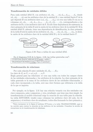 Bases de Datos
Transformación de entidades débiles
Para cada entidad débil D,
con atributos Cd1,Cd2,. .. ,cd¿,d¿+1,dt+2,.. .,d,,, donde
cdl, Cdg,.. .,cd, son los atributos clave de la entidad D,
y una entidad fuerte F de la
que depende
D con atributos clave(c f1,c f2,. . .,cfm): se creauna tabla D con m+n
columnas Cd1,Cd2,.. .,cd,,, d¿+1,d¿+2,
.. .,d,,,cf1,cf2, .. ., cfm correspondientes a los
atributos de D y a los atributos clave de F. Si solo tiene dependencia de existencia, la
clave primaria de la tabla D
será la unión de los atributos clave de la entidad D.
Si la
entidad débil D,
además, tiene una dependencia de identicación, la clave primaria
de la tabla D será. launión de los atributos cd¡, Cdg,
. .. ,cdt, cfl, Cfg,.. .,cf,,,, es decir,
la unión de los atributos clave de la entidad débil D y de la entidad fuerte F.
Figura 2.30: Paso a tablas de una entidad débil.
En eldiagrama E-R
de lagura 2.30. las tablas
generadas son3:
CUENTAS_BANCARIAS(N°Cuenta, saldo)
TRANSACCIONES(Código,Tipo,Cantidad)
Transformación de relaciones
Por cada relación R entre entidades E1, E2, . . ., E
N.
La clave de E,- es C,-=
a,-1,a,2, . . .,a,-N.
Regla general para las relaciones: se crea una tabla con todos los campos claves
de las entidades relacionadas y los atributos de la relación. La clave primaria de la
tabla generada es la suma de los atributos claves de las entidades relacionadas, y
cada clave incorporada a la tabla. será una clave foránea que referencia a la tabla
de la que se importa.
Por ejemplo, en la gura 2.31 hay una relación ternaria con dos entidades con
clave compuesta, aula y asignatura, y otra, estudiante. que tiene una clave simple. La
transformación al modelo relacional exige la creación de una tabla para la relación.
La tabla ESTUDIOS, tendrá como columnas los atributos clave del aula, los de
asignatura y el atributo clave deestudiante, todos ellos formando la clave primaria y,
3Falta incorporar en la gura el atributo N°Cuenta a la tabla TRANSACCIONES, aquí se
ha omitido para centrar la atención en los atributos de las entidades. Consultar la sección de
excepciones en la transformación de relaciones.
68
 