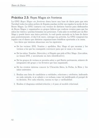 Bases de Datos
Práctica 2.5: Reyes Magos
sin fronteras
La ONG Reyes Magos sin fronteras desea hacer una base de datos para que esta
Navidad todos los niños pobres de España puedan recibir sus regalos la noche de los
Reyes Magos. La ONG contacta con vecinos de distintos barrios para disfrazarlos
de Reyes Magos y organizarlos en grupos lúdicos que realicen eventos para que los
niños los visiten y puedan formular sus peticiones. Cada niño es recibido por un Rey
Mago y puede hacer una única petición, la cual queda anotada en la base de datos
para posteriormente, el día 6 de enero, entregar esa petición. La ONG comprará los
regalos con el dinero que distintas organizaciones benécas aportarán a la causa.
Los datos que interesa almacenar son los siguientes:
82
De los vecinos: DNI, Nombre y apellidos, Rey Mago al que encarna y los
vecinos a los que ha conseguido convencer para que se unan a la causa.
De losniños: Nombre,Dirección yel Regaloque pideal ReyMago. (Losniños,
no tienen DNI, y necesitarán un dato identicativo).
De los grupos de vecinos senecesita saber a qué Barrio pertenecen, número de
integrantes del grupo y los Eventos que han organizado.
De los eventos interesa conocer la Ubicación física, la Fecha, la Hora y los
niños asistentes.
. Realiza una lista de candidatos a entidades, relaciones y atributos, indicando
en cada entrada, si se admite o se rechaza como tal justicando el porqué de
tu decisión. Por cada relación, razona su tipo y cardinalidad.
.Realiza el diagrama entidad-relación y el paso al modelo relacional.
 
