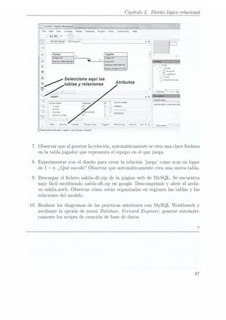 10.
Capítulo 2. Diseño lógico relacional
File Edit View Arrnnge Model Dnabne Plugins Tools Community Htip
H H ° F7
I} MySQL Model V Dlagram
<7
¡J ¡m1 1 -.-,
T 0:69am
u Nanhrevmmmqs) _
A mydb
u bles
¡g + :1 Ecume-
_ .:1 Jugador.
Selecciona aquí las
tablas y
relaciones
_¿ Routme
Groups
Atributos
i
I
i _*
JI en!
i
7
i
Coum Dennis ¡
_
, <domuednd< to
overwue mula
n (OÚIQO Column i
E _ 1
5
Dorsu ¿. ee _
in Nombre RCHARHS} cmmems,
l
Equmcjcdngo
c w O
» Tnble
Columns Xndexes Foreign
Keys TruggersPartmonan; Ovtxnns
lns 4 y J
Dcñpcn iwal
i Relationship
between Jugador
¡nd Equipo
created.
en la tabla jugador que representa el equipo en el que juega.
.Observar que al generar la relación, automáticamente se creauna clave foránea
. Experimentar con el diseño para crear la relación juega como n-m en lugar
de 1 n. ¿Qué sucede?Observar que automáticamente crea una nueva tabla.
. Descargar el chero sakila-db.zip de la página web de MySQL. Se encuentra
muy fácil escribiendo sakila-dazip en google. Descomprimir y abrir el archi-
vo sakilamwb. Observar cómo están organizadas en regiones las tablas y las
relaciones del modelo.
Realizar los diagramas de las prácticas anteriores con MySQL Workbench y
mediante la opción de menú Database, Forward Engineer, generar automáti-
camente los scripts de creación de base de datos.
 