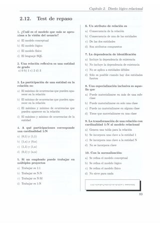 2.12. Test de repaso
1. ¿Cuál es el modelo que más se apro-
xima a la visión del usuario?
a) El modelo conceptual
b) El modelo lógico
c) El modelo físico
)
d El lenguaje SQL
2. Una relación reflexiva es una entidad
de grado
a)Ob)1c)2d)3
3. La participación de una entidad en la
relación es:
a) El máximo de ocurrencias que pueden apa-
recer en la relación
b) El mínimo de ocurrencias que pueden apa-
recer en la relación
c) El máximo y
mínimo de ocurrencias que
pueden aparecer en la relación
d) El máximo y mínimo de ocurrencias de la
entidad
4. A
qué participaciones corresponde
una cardinalidad 1:N
a) (0a1)y(1»1)
b) (1,11)y (0,11)
C) (171)y (lan)
d) (0,1) y
(n,n)
5. Si un empleado puede trabajar en
múltiples proyectos
a) Trabajar es 1:1
b) Trabajar es N:N
c) Trabajar es NzM
l
d Trabajar es 1:N
Capítulo 2. Diseño lógico relaciona]
6. Un atributo de relación es
a) Consecuencia de la relación
b) Consecuencia de una de las entidades
c) De las dos entidades
d) Son atributos compuestos
7. La dependencia de identicación
a
b
) Incluye la dependenciade existencia
) No incluye la dependencia de existencia
c) No se aplica a entidades débiles
)
d Sólo es posible cuando hay dos entidades
fuertes
8. Una especialización inclusiva es aque-
lla que
a) Puede materializarse en más de una sub-
clase
b) Puede materializarse en solo una clase
c) Puede no materializarse en alguna clase
d) Tiene que materializarseen unaclase
9. La transformación de una relación con
cardinalidad 1-N al modelo relacional
a) Genera una tabla para la relación
b) Se incorpora unaclave ala entidad 1
c) Se incorpora una clave a la entidad N
)
d No se incorpora clave
10. Con la normalización:
a) Se rena el modelo conceptual
b) Se rena el modelo lógico
C) Se rena el modelo físico
)
d No sirve para. nada
qmr6?'se'¿v'9o'9o'v'9'2'qzv&#
 