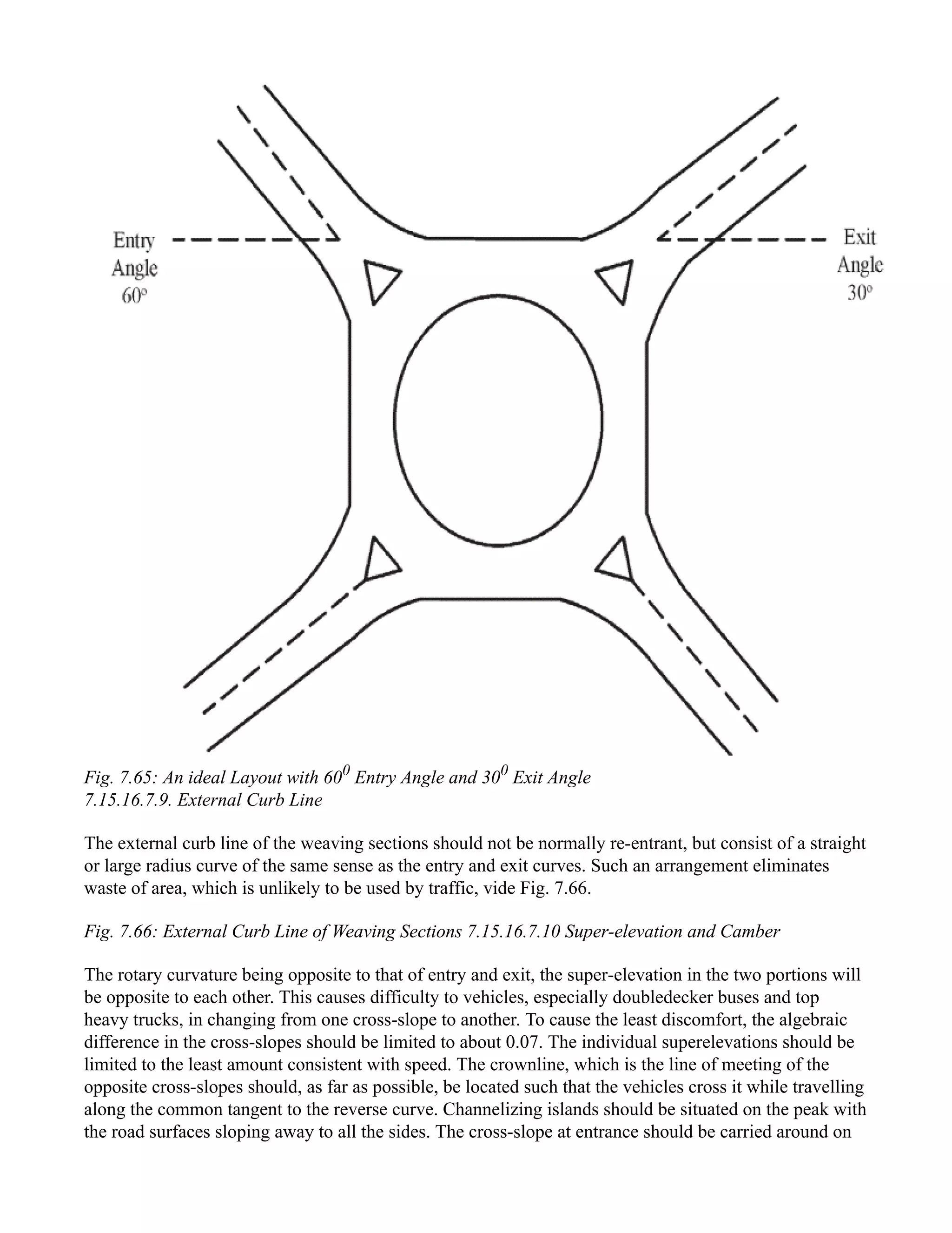 Fig. 7.65: An ideal Layout with 600
Entry Angle and 300
Exit Angle
7.15.16.7.9. External Curb Line
The external curb line of the weaving sections should not be normally re-entrant, but consist of a straight
or large radius curve of the same sense as the entry and exit curves. Such an arrangement eliminates
waste of area, which is unlikely to be used by traffic, vide Fig. 7.66.
Fig. 7.66: External Curb Line of Weaving Sections 7.15.16.7.10 Super-elevation and Camber
The rotary curvature being opposite to that of entry and exit, the super-elevation in the two portions will
be opposite to each other. This causes difficulty to vehicles, especially doubledecker buses and top
heavy trucks, in changing from one cross-slope to another. To cause the least discomfort, the algebraic
difference in the cross-slopes should be limited to about 0.07. The individual superelevations should be
limited to the least amount consistent with speed. The crownline, which is the line of meeting of the
opposite cross-slopes should, as far as possible, be located such that the vehicles cross it while travelling
along the common tangent to the reverse curve. Channelizing islands should be situated on the peak with
the road surfaces sloping away to all the sides. The cross-slope at entrance should be carried around on
 