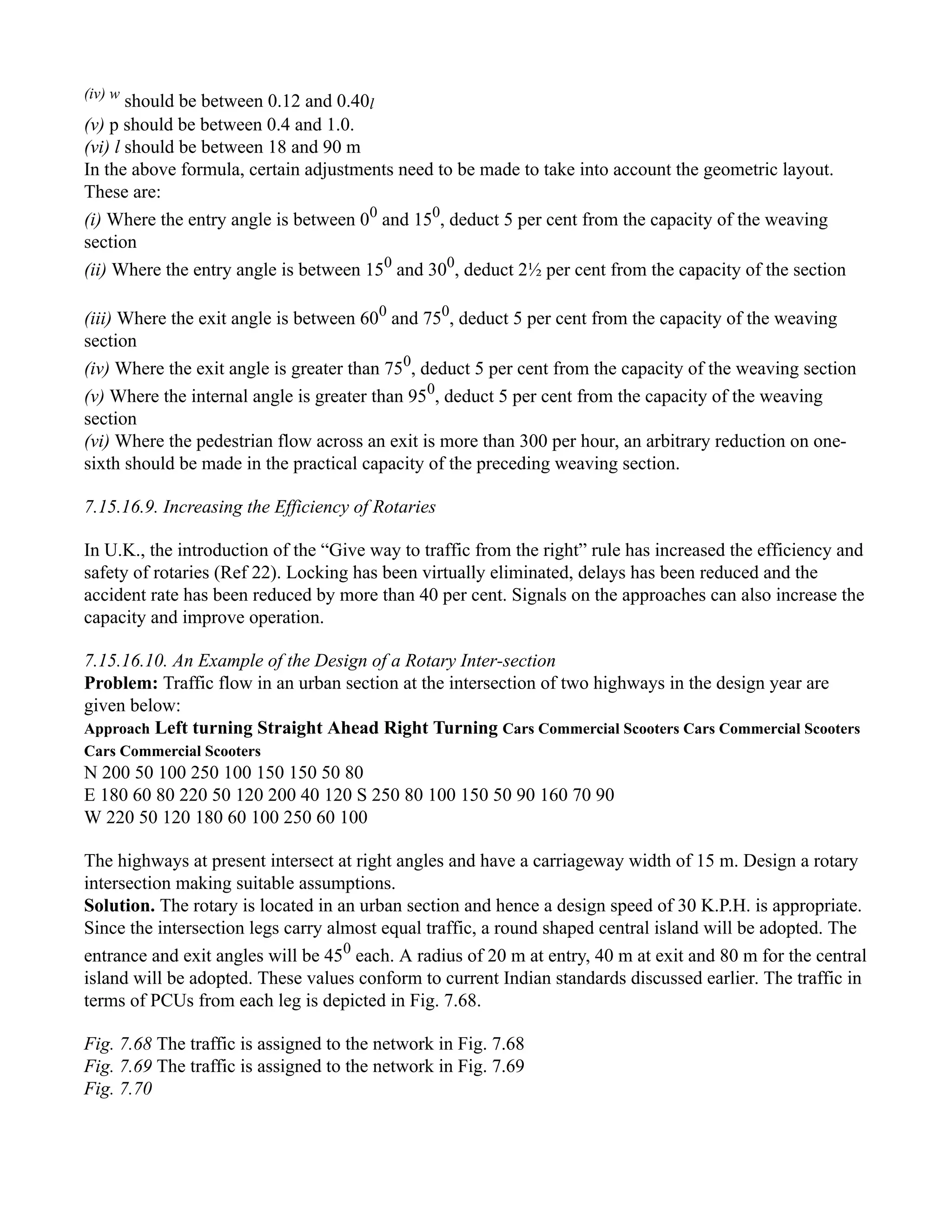 (iv) w
should be between 0.12 and 0.40l
(v) p should be between 0.4 and 1.0.
(vi) l should be between 18 and 90 m
In the above formula, certain adjustments need to be made to take into account the geometric layout.
These are:
(i) Where the entry angle is between 00
and 150
, deduct 5 per cent from the capacity of the weaving
section
(ii) Where the entry angle is between 150
and 300
, deduct 2½ per cent from the capacity of the section
(iii) Where the exit angle is between 600
and 750
, deduct 5 per cent from the capacity of the weaving
section
(iv) Where the exit angle is greater than 750
, deduct 5 per cent from the capacity of the weaving section
(v) Where the internal angle is greater than 950
, deduct 5 per cent from the capacity of the weaving
section
(vi) Where the pedestrian flow across an exit is more than 300 per hour, an arbitrary reduction on one-
sixth should be made in the practical capacity of the preceding weaving section.
7.15.16.9. Increasing the Efficiency of Rotaries
In U.K., the introduction of the “Give way to traffic from the right” rule has increased the efficiency and
safety of rotaries (Ref 22). Locking has been virtually eliminated, delays has been reduced and the
accident rate has been reduced by more than 40 per cent. Signals on the approaches can also increase the
capacity and improve operation.
7.15.16.10. An Example of the Design of a Rotary Inter-section
Problem: Traffic flow in an urban section at the intersection of two highways in the design year are
given below:
Approach Left turning Straight Ahead Right Turning Cars Commercial Scooters Cars Commercial Scooters
Cars Commercial Scooters
N 200 50 100 250 100 150 150 50 80
E 180 60 80 220 50 120 200 40 120 S 250 80 100 150 50 90 160 70 90
W 220 50 120 180 60 100 250 60 100
The highways at present intersect at right angles and have a carriageway width of 15 m. Design a rotary
intersection making suitable assumptions.
Solution. The rotary is located in an urban section and hence a design speed of 30 K.P.H. is appropriate.
Since the intersection legs carry almost equal traffic, a round shaped central island will be adopted. The
entrance and exit angles will be 450
each. A radius of 20 m at entry, 40 m at exit and 80 m for the central
island will be adopted. These values conform to current Indian standards discussed earlier. The traffic in
terms of PCUs from each leg is depicted in Fig. 7.68.
Fig. 7.68 The traffic is assigned to the network in Fig. 7.68
Fig. 7.69 The traffic is assigned to the network in Fig. 7.69
Fig. 7.70
 