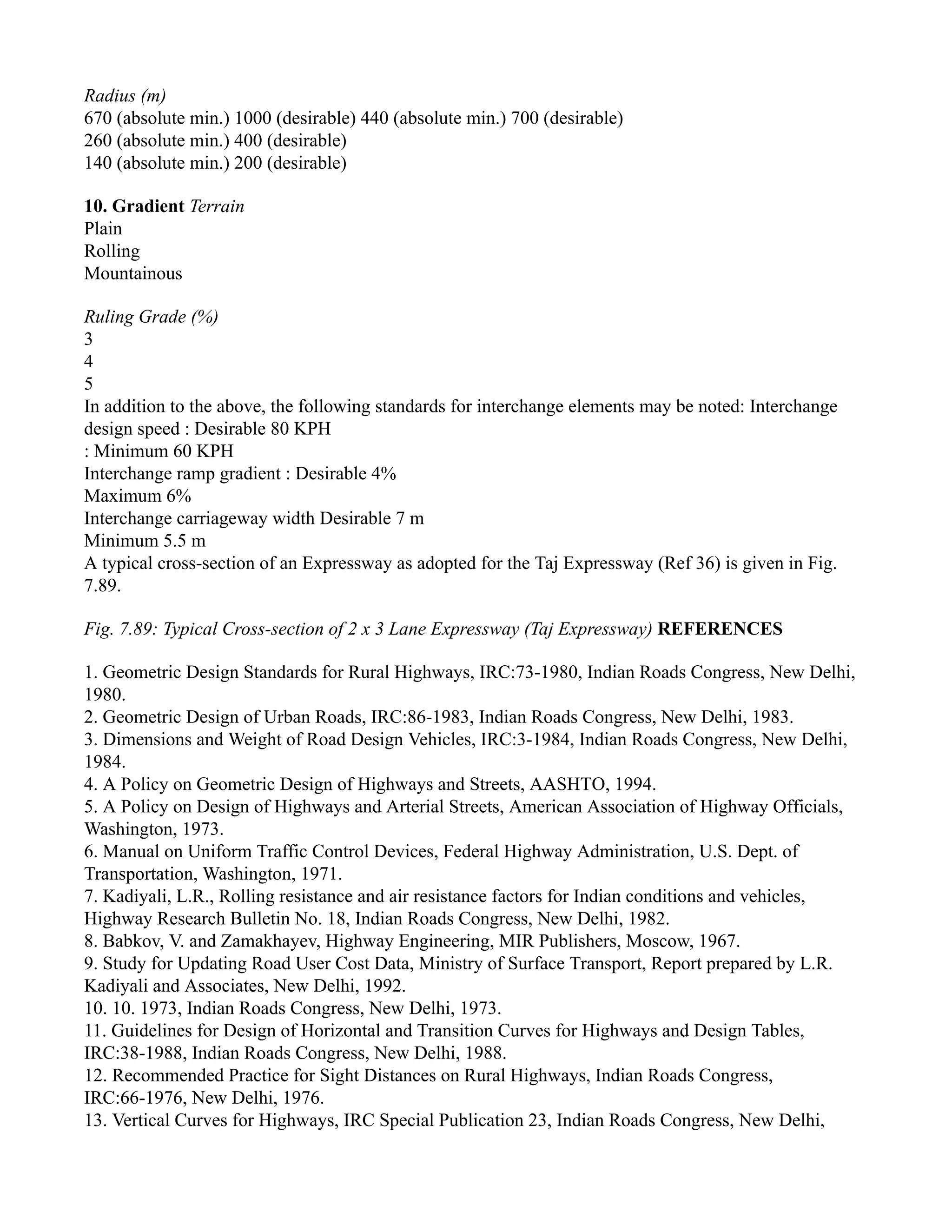 Radius (m)
670 (absolute min.) 1000 (desirable) 440 (absolute min.) 700 (desirable)
260 (absolute min.) 400 (desirable)
140 (absolute min.) 200 (desirable)
10. Gradient Terrain
Plain
Rolling
Mountainous
Ruling Grade (%)
3
4
5
In addition to the above, the following standards for interchange elements may be noted: Interchange
design speed : Desirable 80 KPH
: Minimum 60 KPH
Interchange ramp gradient : Desirable 4%
Maximum 6%
Interchange carriageway width Desirable 7 m
Minimum 5.5 m
A typical cross-section of an Expressway as adopted for the Taj Expressway (Ref 36) is given in Fig.
7.89.
Fig. 7.89: Typical Cross-section of 2 x 3 Lane Expressway (Taj Expressway) REFERENCES
1. Geometric Design Standards for Rural Highways, IRC:73-1980, Indian Roads Congress, New Delhi,
1980.
2. Geometric Design of Urban Roads, IRC:86-1983, Indian Roads Congress, New Delhi, 1983.
3. Dimensions and Weight of Road Design Vehicles, IRC:3-1984, Indian Roads Congress, New Delhi,
1984.
4. A Policy on Geometric Design of Highways and Streets, AASHTO, 1994.
5. A Policy on Design of Highways and Arterial Streets, American Association of Highway Officials,
Washington, 1973.
6. Manual on Uniform Traffic Control Devices, Federal Highway Administration, U.S. Dept. of
Transportation, Washington, 1971.
7. Kadiyali, L.R., Rolling resistance and air resistance factors for Indian conditions and vehicles,
Highway Research Bulletin No. 18, Indian Roads Congress, New Delhi, 1982.
8. Babkov, V. and Zamakhayev, Highway Engineering, MIR Publishers, Moscow, 1967.
9. Study for Updating Road User Cost Data, Ministry of Surface Transport, Report prepared by L.R.
Kadiyali and Associates, New Delhi, 1992.
10. 10. 1973, Indian Roads Congress, New Delhi, 1973.
11. Guidelines for Design of Horizontal and Transition Curves for Highways and Design Tables,
IRC:38-1988, Indian Roads Congress, New Delhi, 1988.
12. Recommended Practice for Sight Distances on Rural Highways, Indian Roads Congress,
IRC:66-1976, New Delhi, 1976.
13. Vertical Curves for Highways, IRC Special Publication 23, Indian Roads Congress, New Delhi,
 