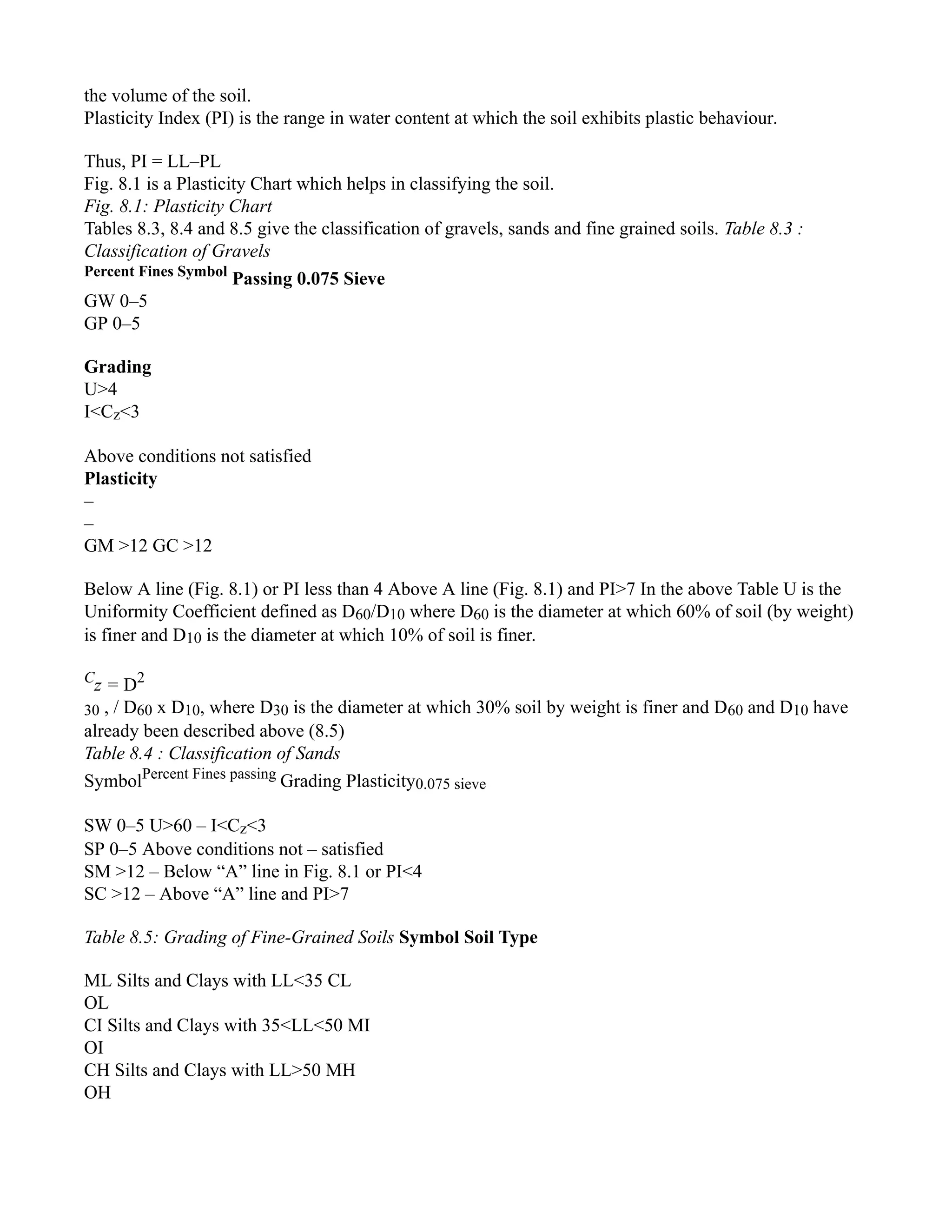 the volume of the soil.
Plasticity Index (PI) is the range in water content at which the soil exhibits plastic behaviour.
Thus, PI = LL–PL
Fig. 8.1 is a Plasticity Chart which helps in classifying the soil.
Fig. 8.1: Plasticity Chart
Tables 8.3, 8.4 and 8.5 give the classification of gravels, sands and fine grained soils. Table 8.3 :
Classification of Gravels
Percent Fines Symbol
Passing 0.075 Sieve
GW 0–5
GP 0–5
Grading
U>4
I<Cz<3
Above conditions not satisfied
Plasticity
–
–
GM >12 GC >12
Below A line (Fig. 8.1) or PI less than 4 Above A line (Fig. 8.1) and PI>7 In the above Table U is the
Uniformity Coefficient defined as D60/D10 where D60 is the diameter at which 60% of soil (by weight)
is finer and D10 is the diameter at which 10% of soil is finer.
C
z = D2
30 , / D60 x D10, where D30 is the diameter at which 30% soil by weight is finer and D60 and D10 have
already been described above (8.5)
Table 8.4 : Classification of Sands
SymbolPercent Fines passing
Grading Plasticity0.075 sieve
SW 0–5 U>60 – I<Cz<3
SP 0–5 Above conditions not – satisfied
SM >12 – Below “A” line in Fig. 8.1 or PI<4
SC >12 – Above “A” line and PI>7
Table 8.5: Grading of Fine-Grained Soils Symbol Soil Type
ML Silts and Clays with LL<35 CL
OL
CI Silts and Clays with 35<LL<50 MI
OI
CH Silts and Clays with LL>50 MH
OH
 