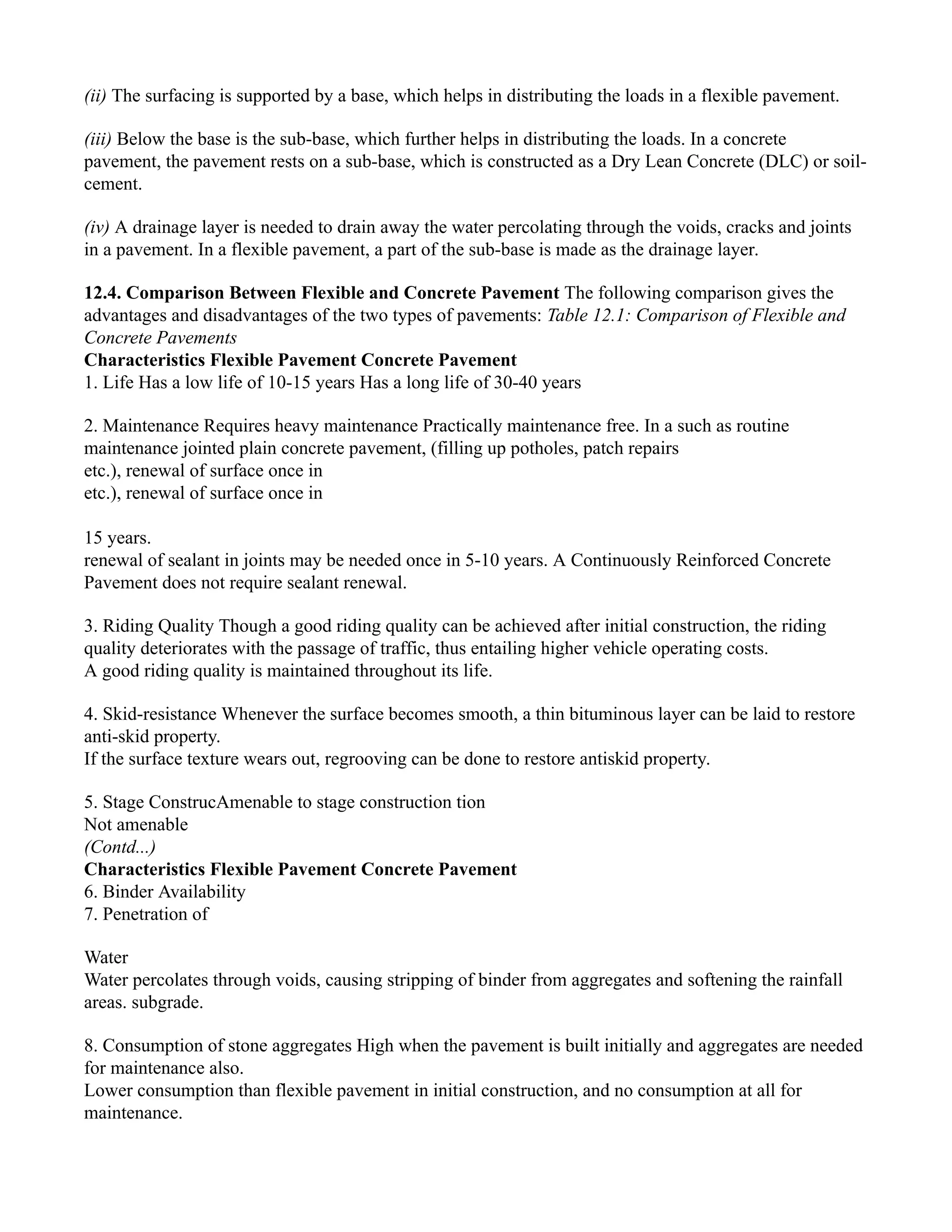 (ii) The surfacing is supported by a base, which helps in distributing the loads in a flexible pavement.
(iii) Below the base is the sub-base, which further helps in distributing the loads. In a concrete
pavement, the pavement rests on a sub-base, which is constructed as a Dry Lean Concrete (DLC) or soil-
cement.
(iv) A drainage layer is needed to drain away the water percolating through the voids, cracks and joints
in a pavement. In a flexible pavement, a part of the sub-base is made as the drainage layer.
12.4. Comparison Between Flexible and Concrete Pavement The following comparison gives the
advantages and disadvantages of the two types of pavements: Table 12.1: Comparison of Flexible and
Concrete Pavements
Characteristics Flexible Pavement Concrete Pavement
1. Life Has a low life of 10-15 years Has a long life of 30-40 years
2. Maintenance Requires heavy maintenance Practically maintenance free. In a such as routine
maintenance jointed plain concrete pavement, (filling up potholes, patch repairs
etc.), renewal of surface once in
etc.), renewal of surface once in
15 years.
renewal of sealant in joints may be needed once in 5-10 years. A Continuously Reinforced Concrete
Pavement does not require sealant renewal.
3. Riding Quality Though a good riding quality can be achieved after initial construction, the riding
quality deteriorates with the passage of traffic, thus entailing higher vehicle operating costs.
A good riding quality is maintained throughout its life.
4. Skid-resistance Whenever the surface becomes smooth, a thin bituminous layer can be laid to restore
anti-skid property.
If the surface texture wears out, regrooving can be done to restore antiskid property.
5. Stage ConstrucAmenable to stage construction tion
Not amenable
(Contd...)
Characteristics Flexible Pavement Concrete Pavement
6. Binder Availability
7. Penetration of
Water
Water percolates through voids, causing stripping of binder from aggregates and softening the rainfall
areas. subgrade.
8. Consumption of stone aggregates High when the pavement is built initially and aggregates are needed
for maintenance also.
Lower consumption than flexible pavement in initial construction, and no consumption at all for
maintenance.
 