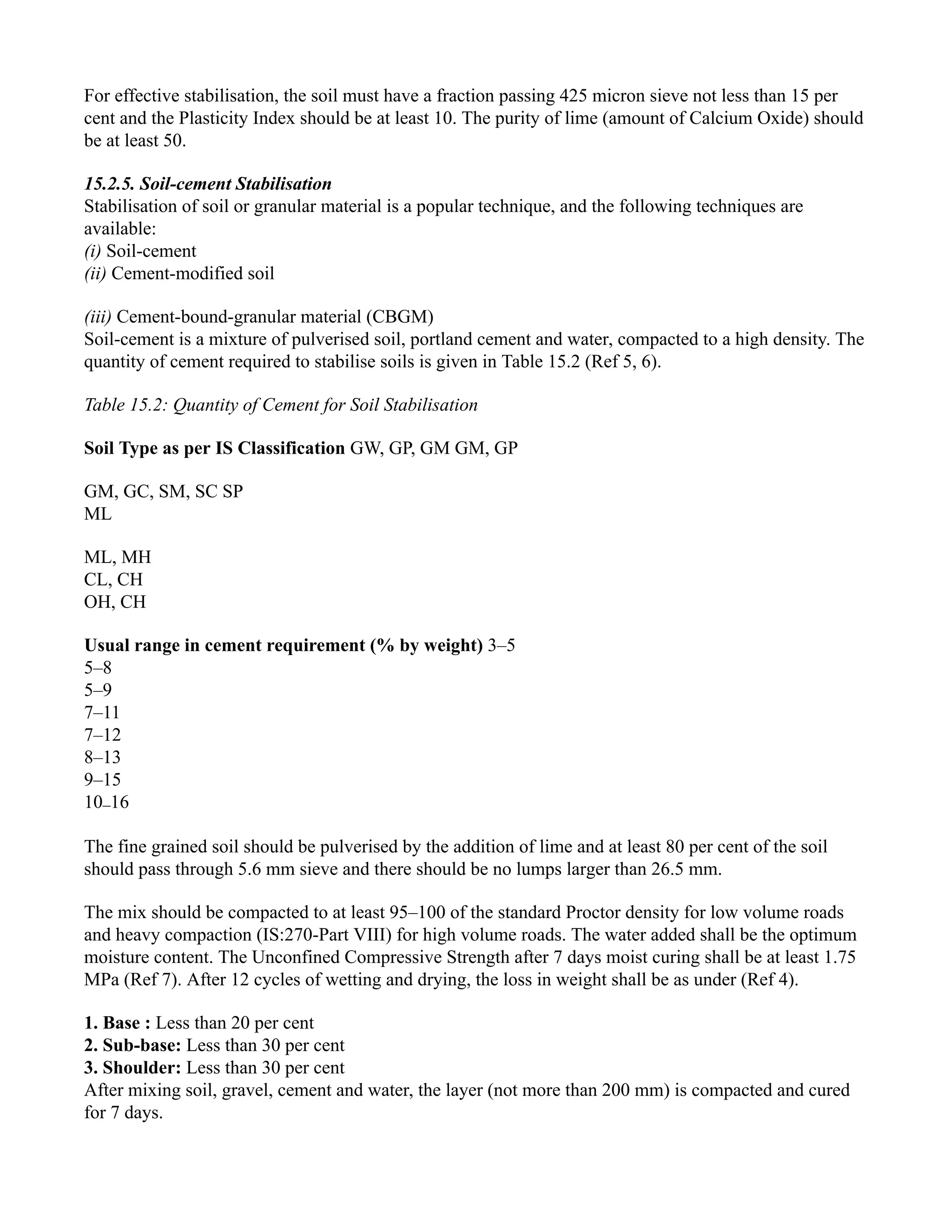 For effective stabilisation, the soil must have a fraction passing 425 micron sieve not less than 15 per
cent and the Plasticity Index should be at least 10. The purity of lime (amount of Calcium Oxide) should
be at least 50.
15.2.5. Soil-cement Stabilisation
Stabilisation of soil or granular material is a popular technique, and the following techniques are
available:
(i) Soil-cement
(ii) Cement-modified soil
(iii) Cement-bound-granular material (CBGM)
Soil-cement is a mixture of pulverised soil, portland cement and water, compacted to a high density. The
quantity of cement required to stabilise soils is given in Table 15.2 (Ref 5, 6).
Table 15.2: Quantity of Cement for Soil Stabilisation
Soil Type as per IS Classification GW, GP, GM GM, GP
GM, GC, SM, SC SP
ML
ML, MH
CL, CH
OH, CH
Usual range in cement requirement (% by weight) 3–5
5–8
5–9
7–11
7–12
8–13
9–15
10–16
The fine grained soil should be pulverised by the addition of lime and at least 80 per cent of the soil
should pass through 5.6 mm sieve and there should be no lumps larger than 26.5 mm.
The mix should be compacted to at least 95–100 of the standard Proctor density for low volume roads
and heavy compaction (IS:270-Part VIII) for high volume roads. The water added shall be the optimum
moisture content. The Unconfined Compressive Strength after 7 days moist curing shall be at least 1.75
MPa (Ref 7). After 12 cycles of wetting and drying, the loss in weight shall be as under (Ref 4).
1. Base : Less than 20 per cent
2. Sub-base: Less than 30 per cent
3. Shoulder: Less than 30 per cent
After mixing soil, gravel, cement and water, the layer (not more than 200 mm) is compacted and cured
for 7 days.
 