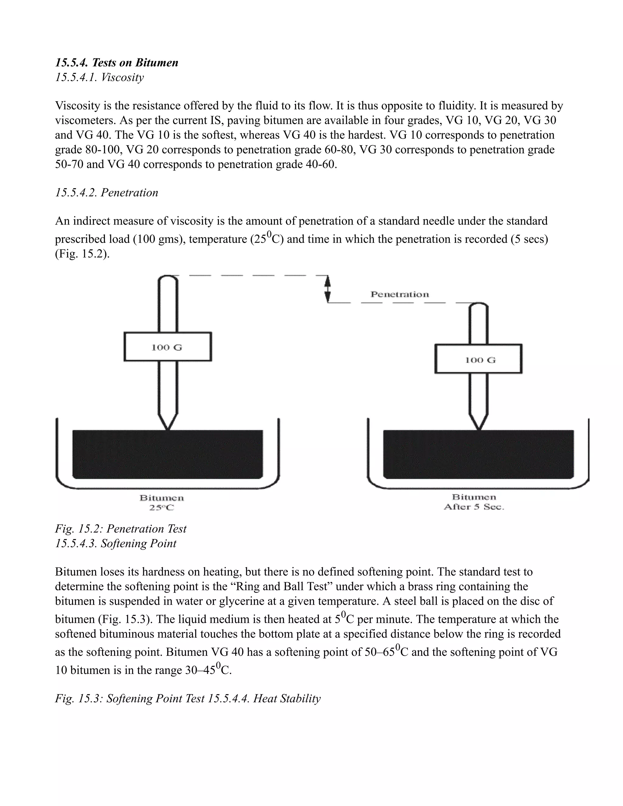 15.5.4. Tests on Bitumen
15.5.4.1. Viscosity
Viscosity is the resistance offered by the fluid to its flow. It is thus opposite to fluidity. It is measured by
viscometers. As per the current IS, paving bitumen are available in four grades, VG 10, VG 20, VG 30
and VG 40. The VG 10 is the softest, whereas VG 40 is the hardest. VG 10 corresponds to penetration
grade 80-100, VG 20 corresponds to penetration grade 60-80, VG 30 corresponds to penetration grade
50-70 and VG 40 corresponds to penetration grade 40-60.
15.5.4.2. Penetration
An indirect measure of viscosity is the amount of penetration of a standard needle under the standard
prescribed load (100 gms), temperature (250
C) and time in which the penetration is recorded (5 secs)
(Fig. 15.2).
Fig. 15.2: Penetration Test
15.5.4.3. Softening Point
Bitumen loses its hardness on heating, but there is no defined softening point. The standard test to
determine the softening point is the “Ring and Ball Test” under which a brass ring containing the
bitumen is suspended in water or glycerine at a given temperature. A steel ball is placed on the disc of
bitumen (Fig. 15.3). The liquid medium is then heated at 50
C per minute. The temperature at which the
softened bituminous material touches the bottom plate at a specified distance below the ring is recorded
as the softening point. Bitumen VG 40 has a softening point of 50–650
C and the softening point of VG
10 bitumen is in the range 30–450
C.
Fig. 15.3: Softening Point Test 15.5.4.4. Heat Stability
 