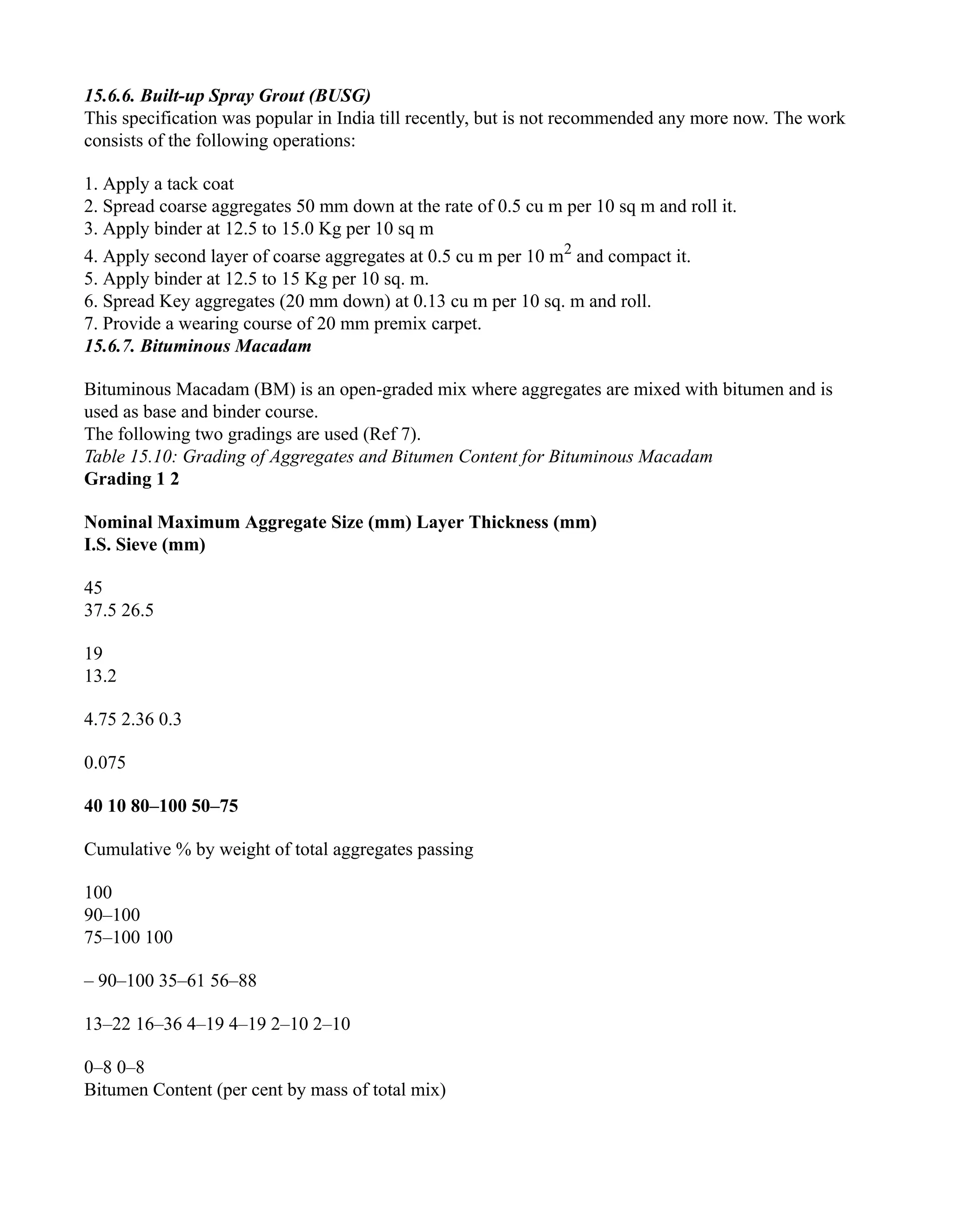 15.6.6. Built-up Spray Grout (BUSG)
This specification was popular in India till recently, but is not recommended any more now. The work
consists of the following operations:
1. Apply a tack coat
2. Spread coarse aggregates 50 mm down at the rate of 0.5 cu m per 10 sq m and roll it.
3. Apply binder at 12.5 to 15.0 Kg per 10 sq m
4. Apply second layer of coarse aggregates at 0.5 cu m per 10 m2
and compact it.
5. Apply binder at 12.5 to 15 Kg per 10 sq. m.
6. Spread Key aggregates (20 mm down) at 0.13 cu m per 10 sq. m and roll.
7. Provide a wearing course of 20 mm premix carpet.
15.6.7. Bituminous Macadam
Bituminous Macadam (BM) is an open-graded mix where aggregates are mixed with bitumen and is
used as base and binder course.
The following two gradings are used (Ref 7).
Table 15.10: Grading of Aggregates and Bitumen Content for Bituminous Macadam
Grading 1 2
Nominal Maximum Aggregate Size (mm) Layer Thickness (mm)
I.S. Sieve (mm)
45
37.5 26.5
19
13.2
4.75 2.36 0.3
0.075
40 10 80–100 50–75
Cumulative % by weight of total aggregates passing
100
90–100
75–100 100
– 90–100 35–61 56–88
13–22 16–36 4–19 4–19 2–10 2–10
0–8 0–8
Bitumen Content (per cent by mass of total mix)
 