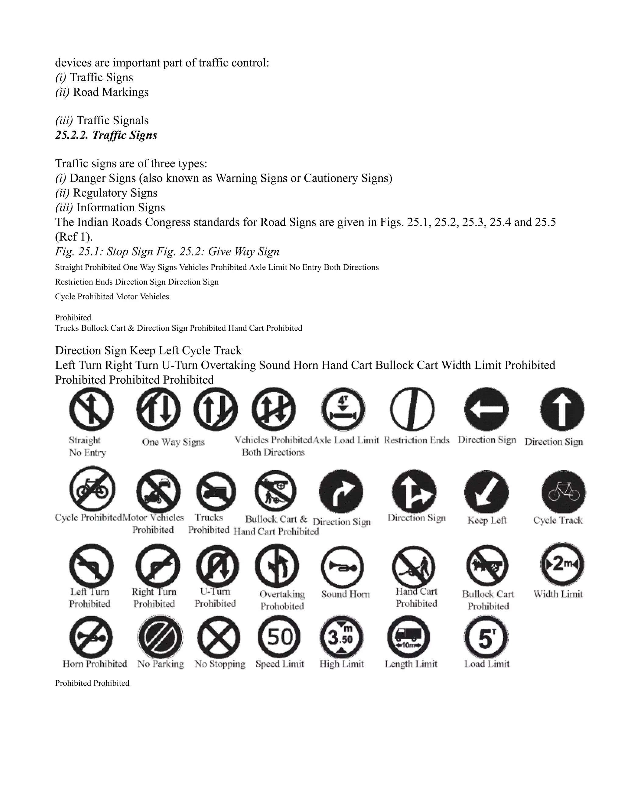 devices are important part of traffic control:
(i) Traffic Signs
(ii) Road Markings
(iii) Traffic Signals
25.2.2. Traffic Signs
Traffic signs are of three types:
(i) Danger Signs (also known as Warning Signs or Cautionery Signs)
(ii) Regulatory Signs
(iii) Information Signs
The Indian Roads Congress standards for Road Signs are given in Figs. 25.1, 25.2, 25.3, 25.4 and 25.5
(Ref 1).
Fig. 25.1: Stop Sign Fig. 25.2: Give Way Sign
Straight Prohibited One Way Signs Vehicles Prohibited Axle Limit No Entry Both Directions
Restriction Ends Direction Sign Direction Sign
Cycle Prohibited Motor Vehicles
Prohibited
Trucks Bullock Cart & Direction Sign Prohibited Hand Cart Prohibited
Direction Sign Keep Left Cycle Track
Left Turn Right Turn U-Turn Overtaking Sound Horn Hand Cart Bullock Cart Width Limit Prohibited
Prohibited Prohibited Prohibited
Prohibited Prohibited
 