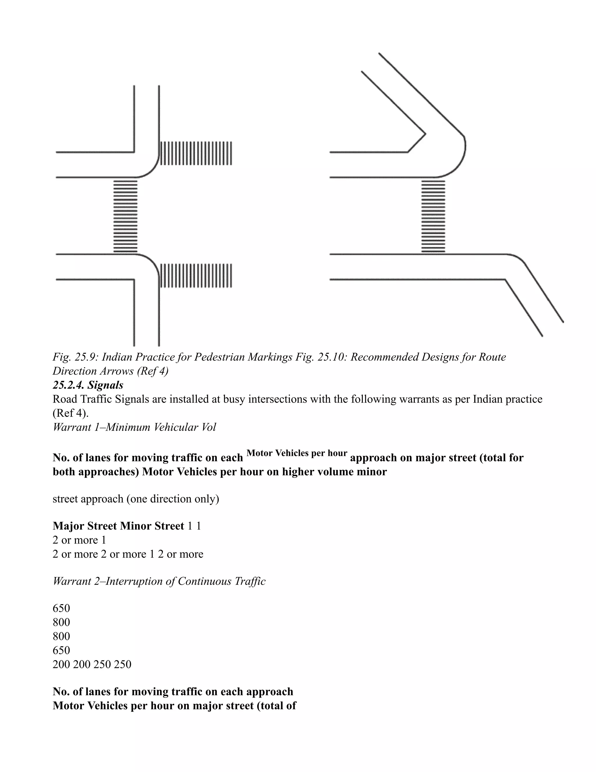 Fig. 25.9: Indian Practice for Pedestrian Markings Fig. 25.10: Recommended Designs for Route
Direction Arrows (Ref 4)
25.2.4. Signals
Road Traffic Signals are installed at busy intersections with the following warrants as per Indian practice
(Ref 4).
Warrant 1–Minimum Vehicular Vol
No. of lanes for moving traffic on each Motor Vehicles per hour
approach on major street (total for
both approaches) Motor Vehicles per hour on higher volume minor
street approach (one direction only)
Major Street Minor Street 1 1
2 or more 1
2 or more 2 or more 1 2 or more
Warrant 2–Interruption of Continuous Traffic
650
800
800
650
200 200 250 250
No. of lanes for moving traffic on each approach
Motor Vehicles per hour on major street (total of
 