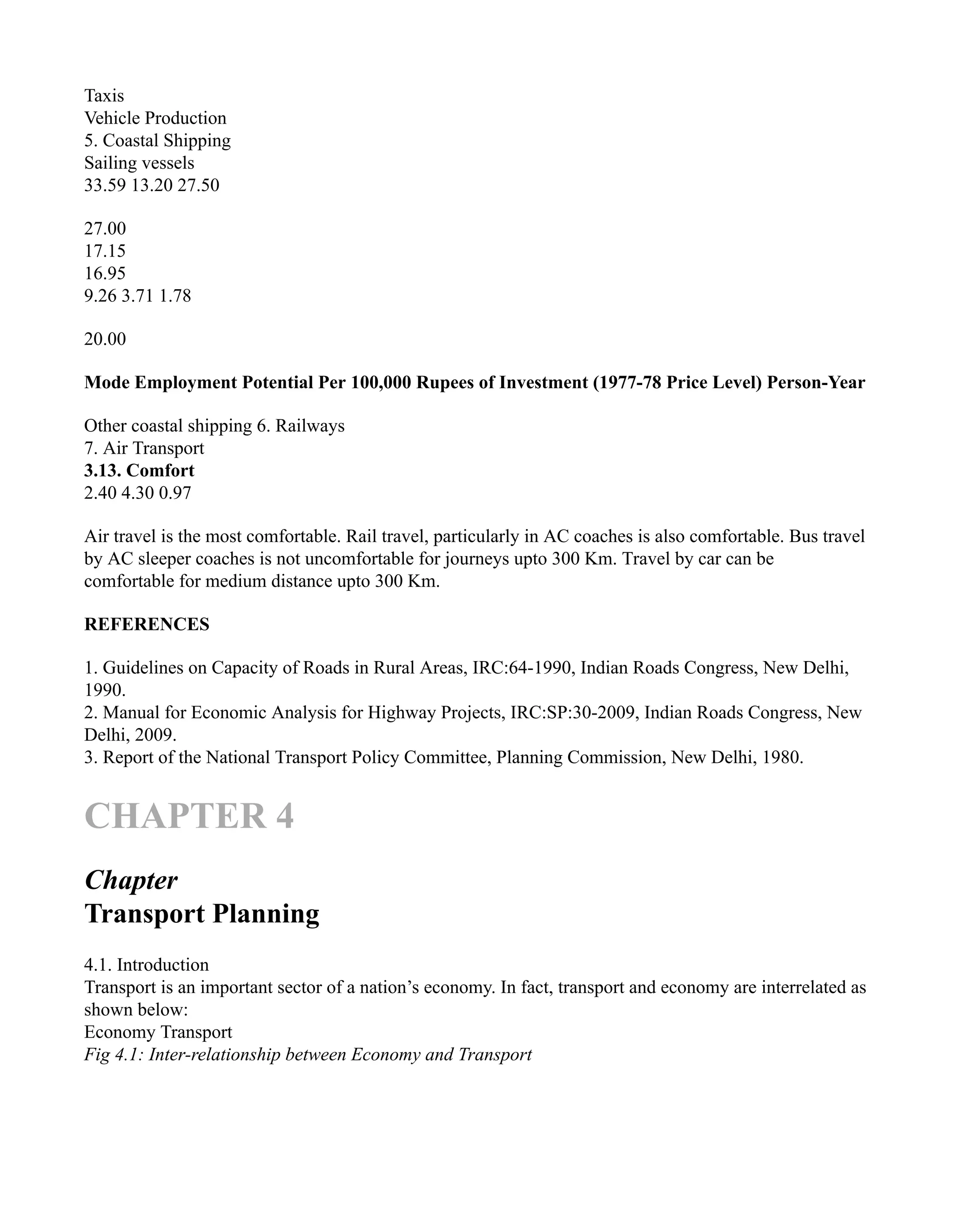 Taxis
Vehicle Production
5. Coastal Shipping
Sailing vessels
33.59 13.20 27.50
27.00
17.15
16.95
9.26 3.71 1.78
20.00
Mode Employment Potential Per 100,000 Rupees of Investment (1977-78 Price Level) Person-Year
Other coastal shipping 6. Railways
7. Air Transport
3.13. Comfort
2.40 4.30 0.97
Air travel is the most comfortable. Rail travel, particularly in AC coaches is also comfortable. Bus travel
by AC sleeper coaches is not uncomfortable for journeys upto 300 Km. Travel by car can be
comfortable for medium distance upto 300 Km.
REFERENCES
1. Guidelines on Capacity of Roads in Rural Areas, IRC:64-1990, Indian Roads Congress, New Delhi,
1990.
2. Manual for Economic Analysis for Highway Projects, IRC:SP:30-2009, Indian Roads Congress, New
Delhi, 2009.
3. Report of the National Transport Policy Committee, Planning Commission, New Delhi, 1980.
CHAPTER 4
Chapter
Transport Planning
4.1. Introduction
Transport is an important sector of a nation’s economy. In fact, transport and economy are interrelated as
shown below:
Economy Transport
Fig 4.1: Inter-relationship between Economy and Transport
 