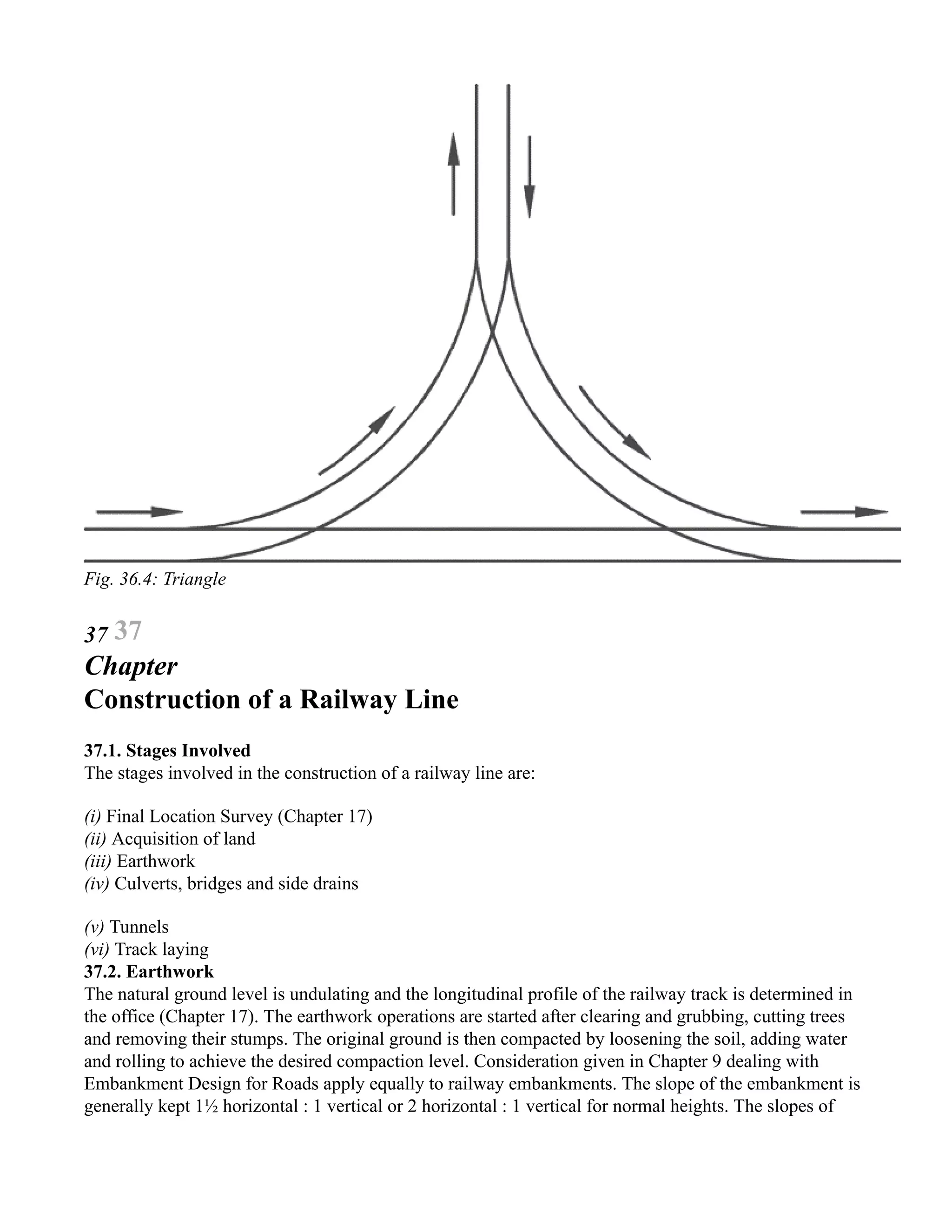 Fig. 36.4: Triangle
37 37
Chapter
Construction of a Railway Line
37.1. Stages Involved
The stages involved in the construction of a railway line are:
(i) Final Location Survey (Chapter 17)
(ii) Acquisition of land
(iii) Earthwork
(iv) Culverts, bridges and side drains
(v) Tunnels
(vi) Track laying
37.2. Earthwork
The natural ground level is undulating and the longitudinal profile of the railway track is determined in
the office (Chapter 17). The earthwork operations are started after clearing and grubbing, cutting trees
and removing their stumps. The original ground is then compacted by loosening the soil, adding water
and rolling to achieve the desired compaction level. Consideration given in Chapter 9 dealing with
Embankment Design for Roads apply equally to railway embankments. The slope of the embankment is
generally kept 1½ horizontal : 1 vertical or 2 horizontal : 1 vertical for normal heights. The slopes of
 