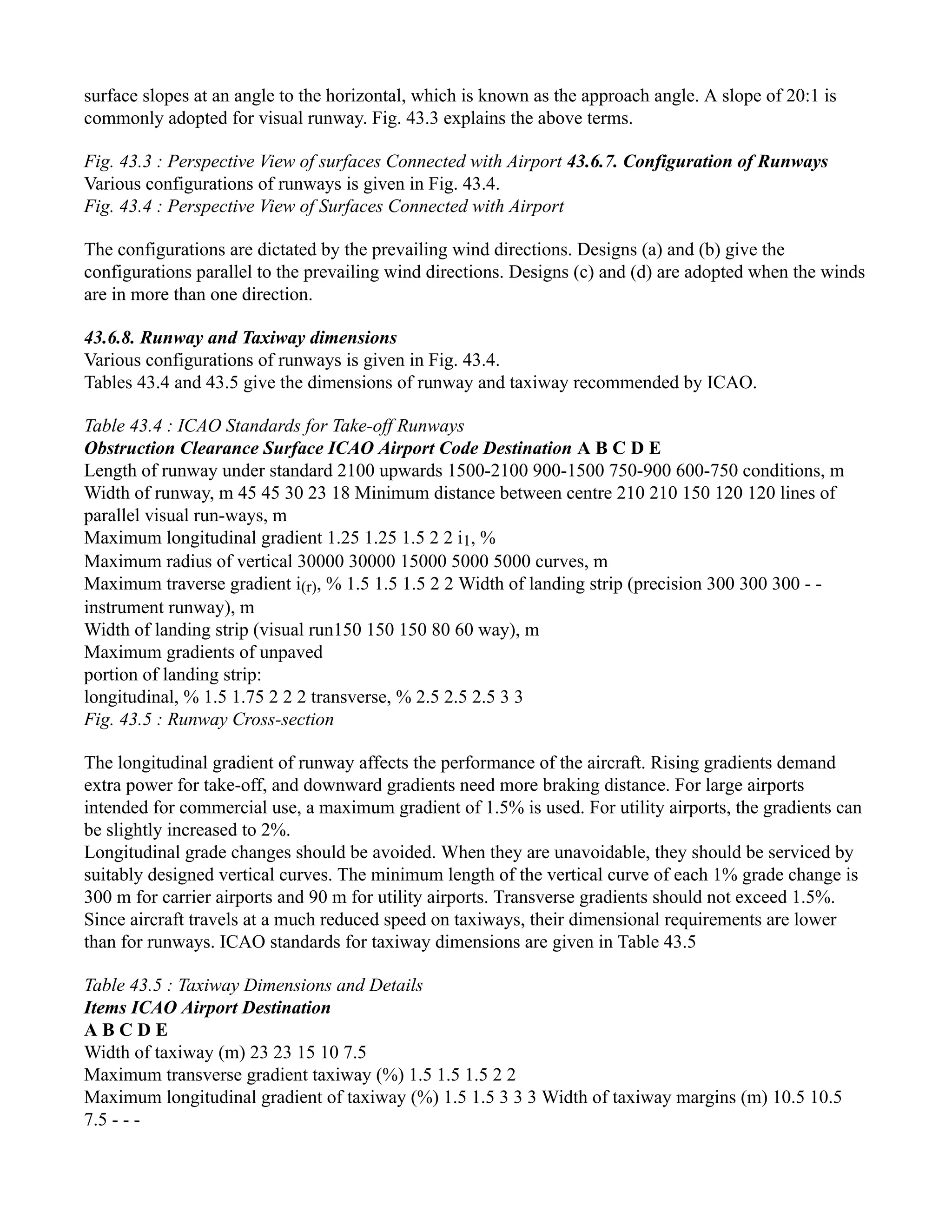 surface slopes at an angle to the horizontal, which is known as the approach angle. A slope of 20:1 is
commonly adopted for visual runway. Fig. 43.3 explains the above terms.
Fig. 43.3 : Perspective View of surfaces Connected with Airport 43.6.7. Configuration of Runways
Various configurations of runways is given in Fig. 43.4.
Fig. 43.4 : Perspective View of Surfaces Connected with Airport
The configurations are dictated by the prevailing wind directions. Designs (a) and (b) give the
configurations parallel to the prevailing wind directions. Designs (c) and (d) are adopted when the winds
are in more than one direction.
43.6.8. Runway and Taxiway dimensions
Various configurations of runways is given in Fig. 43.4.
Tables 43.4 and 43.5 give the dimensions of runway and taxiway recommended by ICAO.
Table 43.4 : ICAO Standards for Take-off Runways
Obstruction Clearance Surface ICAO Airport Code Destination A B C D E
Length of runway under standard 2100 upwards 1500-2100 900-1500 750-900 600-750 conditions, m
Width of runway, m 45 45 30 23 18 Minimum distance between centre 210 210 150 120 120 lines of
parallel visual run-ways, m
Maximum longitudinal gradient 1.25 1.25 1.5 2 2 i1, %
Maximum radius of vertical 30000 30000 15000 5000 5000 curves, m
Maximum traverse gradient i(r), % 1.5 1.5 1.5 2 2 Width of landing strip (precision 300 300 300 - -
instrument runway), m
Width of landing strip (visual run150 150 150 80 60 way), m
Maximum gradients of unpaved
portion of landing strip:
longitudinal, % 1.5 1.75 2 2 2 transverse, % 2.5 2.5 2.5 3 3
Fig. 43.5 : Runway Cross-section
The longitudinal gradient of runway affects the performance of the aircraft. Rising gradients demand
extra power for take-off, and downward gradients need more braking distance. For large airports
intended for commercial use, a maximum gradient of 1.5% is used. For utility airports, the gradients can
be slightly increased to 2%.
Longitudinal grade changes should be avoided. When they are unavoidable, they should be serviced by
suitably designed vertical curves. The minimum length of the vertical curve of each 1% grade change is
300 m for carrier airports and 90 m for utility airports. Transverse gradients should not exceed 1.5%.
Since aircraft travels at a much reduced speed on taxiways, their dimensional requirements are lower
than for runways. ICAO standards for taxiway dimensions are given in Table 43.5
Table 43.5 : Taxiway Dimensions and Details
Items ICAO Airport Destination
A B C D E
Width of taxiway (m) 23 23 15 10 7.5
Maximum transverse gradient taxiway (%) 1.5 1.5 1.5 2 2
Maximum longitudinal gradient of taxiway (%) 1.5 1.5 3 3 3 Width of taxiway margins (m) 10.5 10.5
7.5 - - -
 