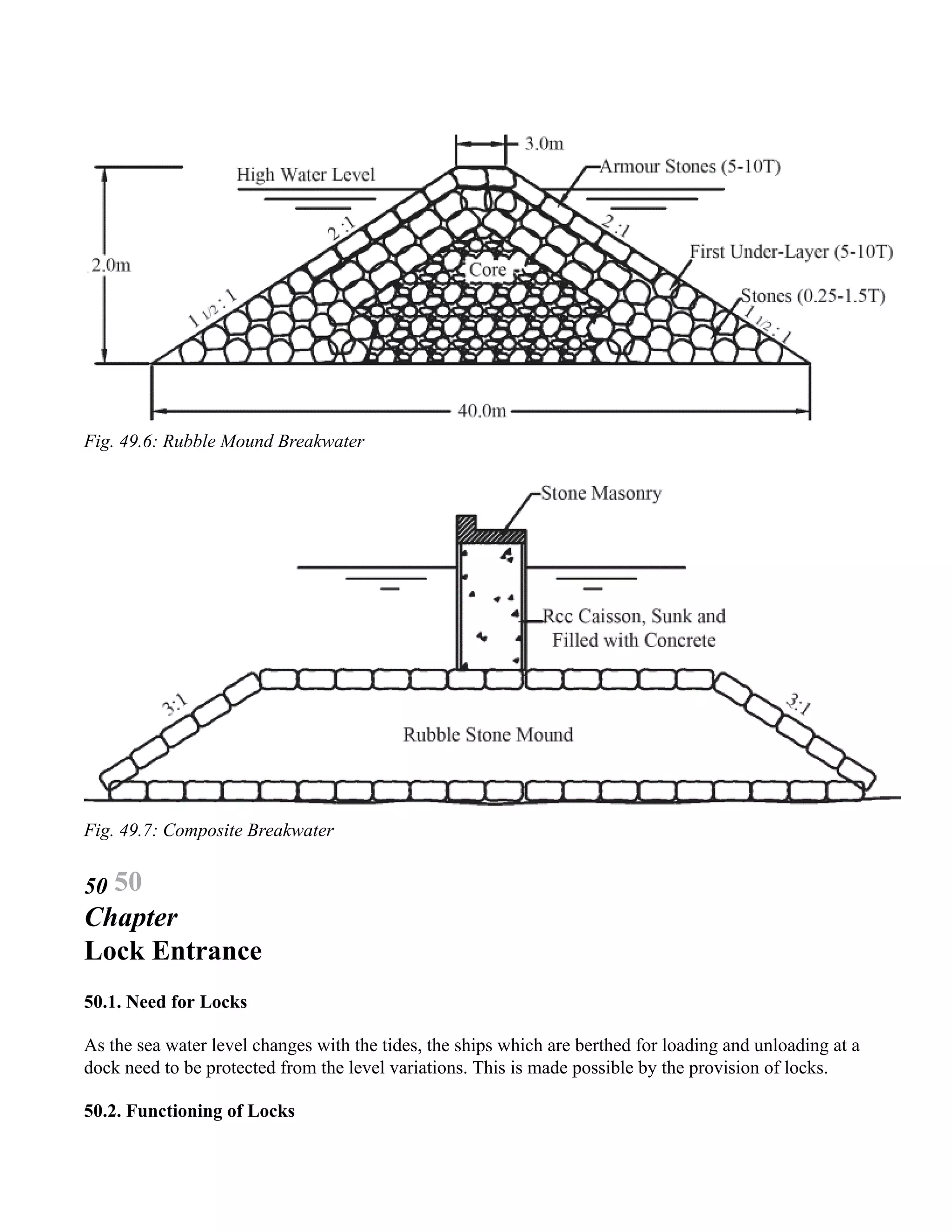 Fig. 49.6: Rubble Mound Breakwater
Fig. 49.7: Composite Breakwater
50 50
Chapter
Lock Entrance
50.1. Need for Locks
As the sea water level changes with the tides, the ships which are berthed for loading and unloading at a
dock need to be protected from the level variations. This is made possible by the provision of locks.
50.2. Functioning of Locks
 