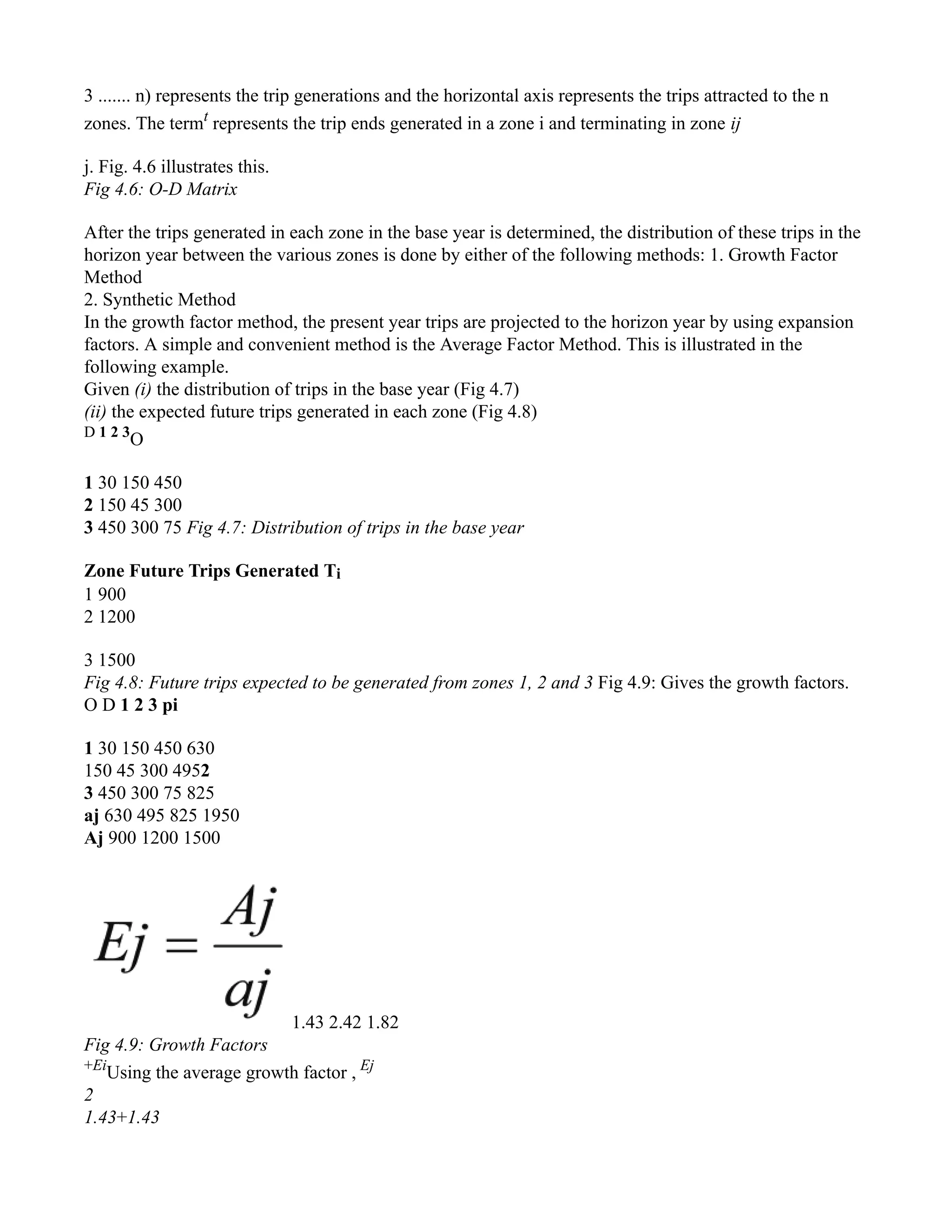 3 ....... n) represents the trip generations and the horizontal axis represents the trips attracted to the n
zones. The termt
represents the trip ends generated in a zone i and terminating in zone ij
j. Fig. 4.6 illustrates this.
Fig 4.6: O-D Matrix
After the trips generated in each zone in the base year is determined, the distribution of these trips in the
horizon year between the various zones is done by either of the following methods: 1. Growth Factor
Method
2. Synthetic Method
In the growth factor method, the present year trips are projected to the horizon year by using expansion
factors. A simple and convenient method is the Average Factor Method. This is illustrated in the
following example.
Given (i) the distribution of trips in the base year (Fig 4.7)
(ii) the expected future trips generated in each zone (Fig 4.8)
D 1 2 3
O
1 30 150 450
2 150 45 300
3 450 300 75 Fig 4.7: Distribution of trips in the base year
Zone Future Trips Generated Ti
1 900
2 1200
3 1500
Fig 4.8: Future trips expected to be generated from zones 1, 2 and 3 Fig 4.9: Gives the growth factors.
O D 1 2 3 pi
1 30 150 450 630
150 45 300 4952
3 450 300 75 825
aj 630 495 825 1950
Aj 900 1200 1500
1.43 2.42 1.82
Fig 4.9: Growth Factors
+Ei
Using the average growth factor , Ej
2
1.43+1.43
 
