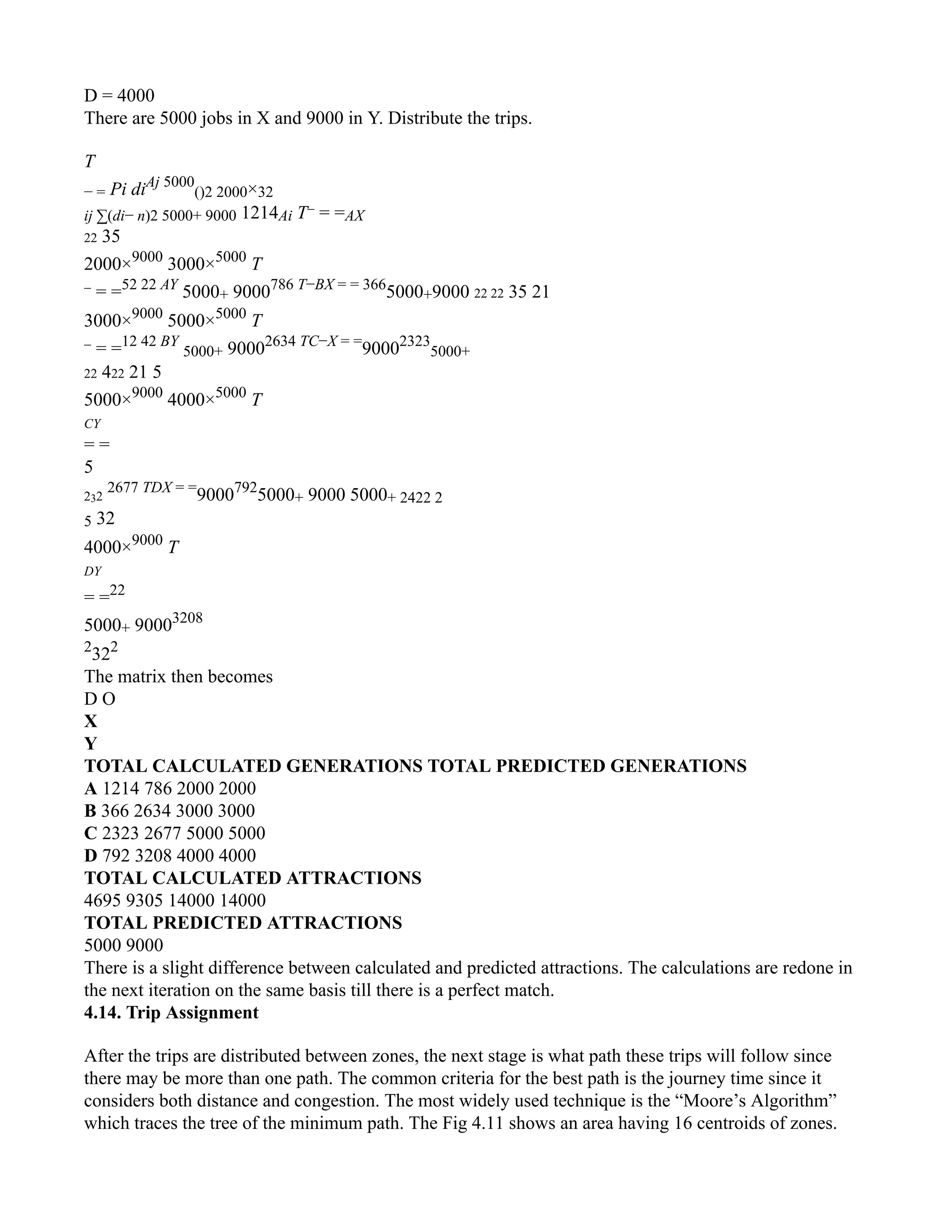 D = 4000
There are 5000 jobs in X and 9000 in Y. Distribute the trips.
T
− = Pi diAj 5000
()2 2000×32
ij ∑(di− n)2 5000+ 9000 1214Ai T− = =AX
22 35
2000×9000
3000×5000
T
− = =52 22 AY
5000+ 9000786 T−BX = = 366
5000+9000 22 22 35 21
3000×9000
5000×5000
T
− = =12 42 BY
5000+ 90002634 TC−X = =
90002323
5000+
22 422 21 5
5000×9000
4000×5000
T
CY
= =
5
232
2677 TDX = =
9000792
5000+ 9000 5000+ 2422 2
5 32
4000×9000
T
DY
= =22
5000+ 90003208
2
322
The matrix then becomes
D O
X
Y
TOTAL CALCULATED GENERATIONS TOTAL PREDICTED GENERATIONS
A 1214 786 2000 2000
B 366 2634 3000 3000
C 2323 2677 5000 5000
D 792 3208 4000 4000
TOTAL CALCULATED ATTRACTIONS
4695 9305 14000 14000
TOTAL PREDICTED ATTRACTIONS
5000 9000
There is a slight difference between calculated and predicted attractions. The calculations are redone in
the next iteration on the same basis till there is a perfect match.
4.14. Trip Assignment
After the trips are distributed between zones, the next stage is what path these trips will follow since
there may be more than one path. The common criteria for the best path is the journey time since it
considers both distance and congestion. The most widely used technique is the “Moore’s Algorithm”
which traces the tree of the minimum path. The Fig 4.11 shows an area having 16 centroids of zones.
 
